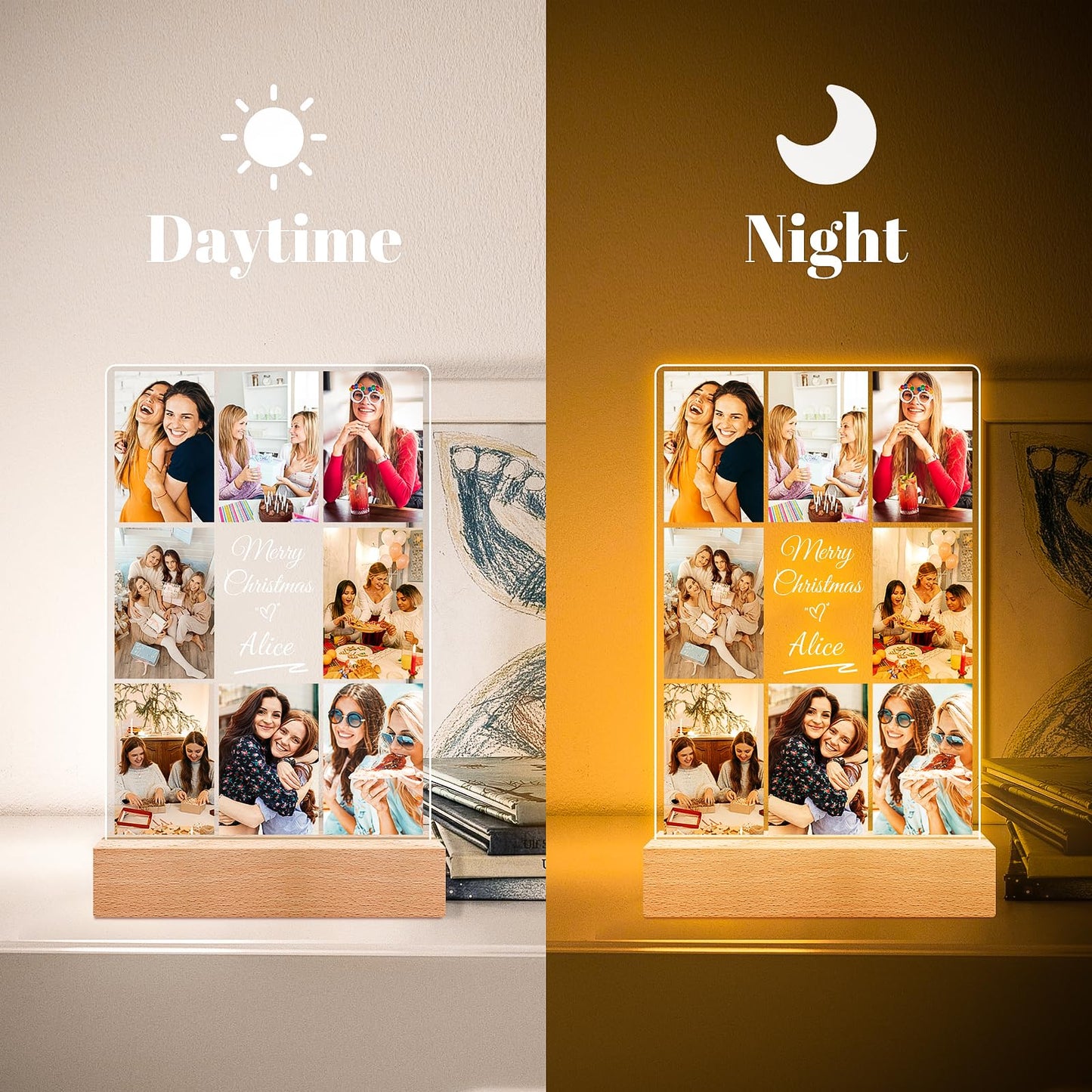 Personalised Anniversary Birthday Gifts for Women & Men, Custom Photo Frame with Night Light, Personalized Acrylic Plaque with Photos, Personalised Christmas Couples Gifts for Him & Her