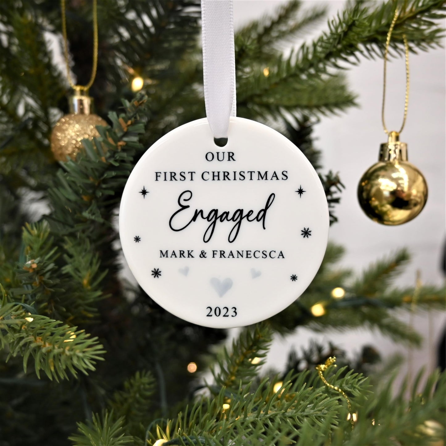 Personalised Our First Christmas Engaged Bauble with Gift Box, Custom 1st Xmas Engaged Ornament, Fiancé Gift, Couples Gift, Christmas Ornament, Engagement Gift (Heart)