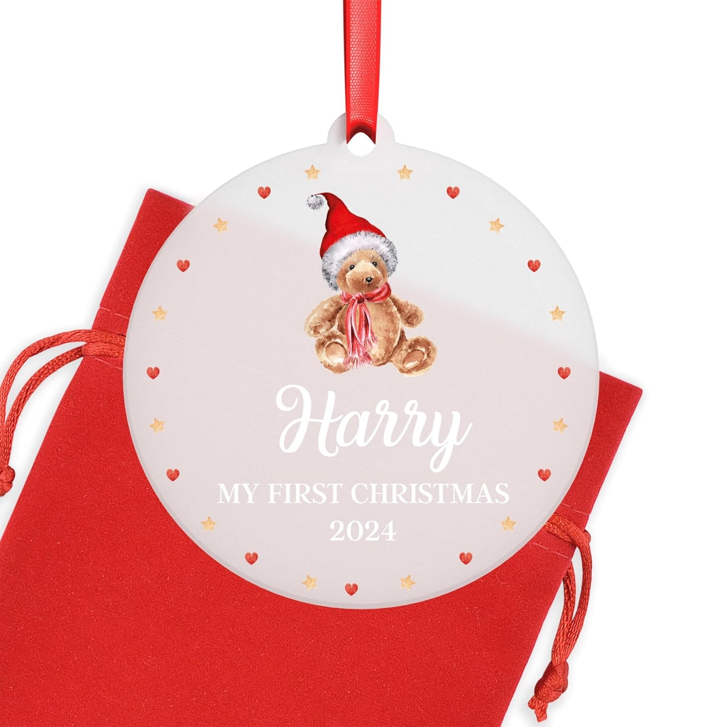 Beecreative Babys 1st Christmas Bauble - Personalised Babys First Christmas Decoration - New Baby Christmas - Teddy Bear Decoration - With Red Bag