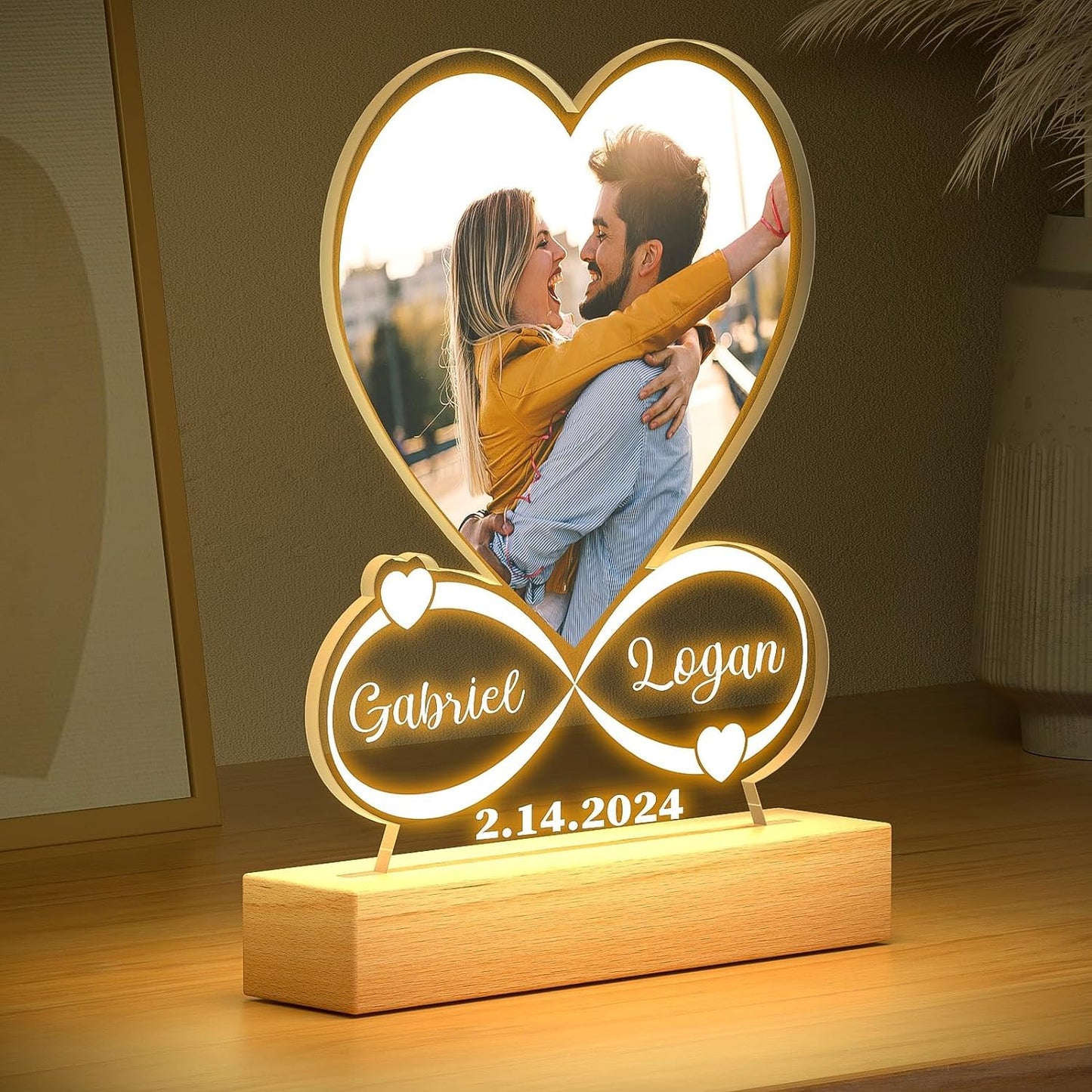 Personalised Anniversary Couples Gifts for Women and Men, Personalised Photo Frame with Photo, Customised Picture Frame with Night Light, Personalised Christmas Birthday Gifts for Her and Him