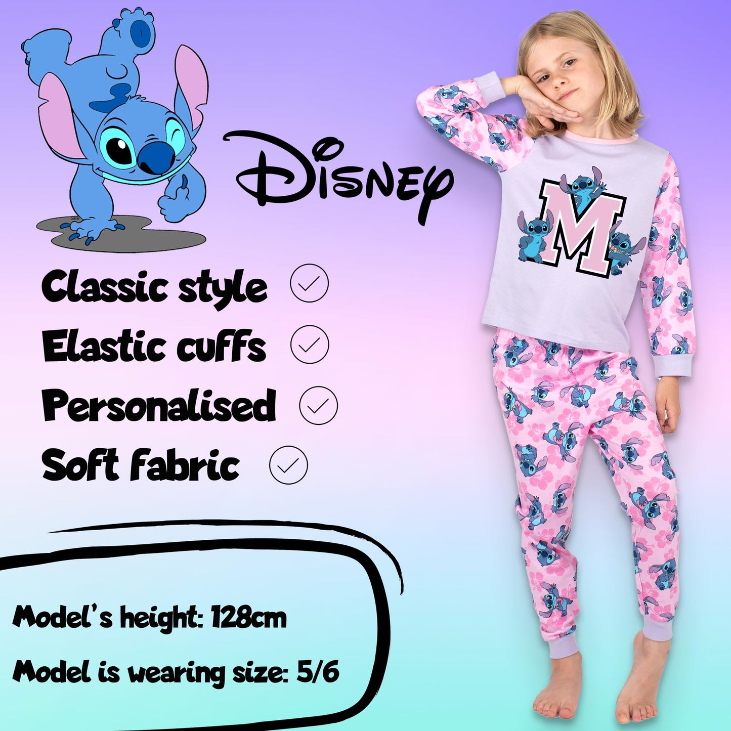 Disney Stitch Personalised Initial Pyjama for Kids 100% Cotton Long Sleeve Winter Pyjama Soft and Comfortable Gift for Girls PJ Set