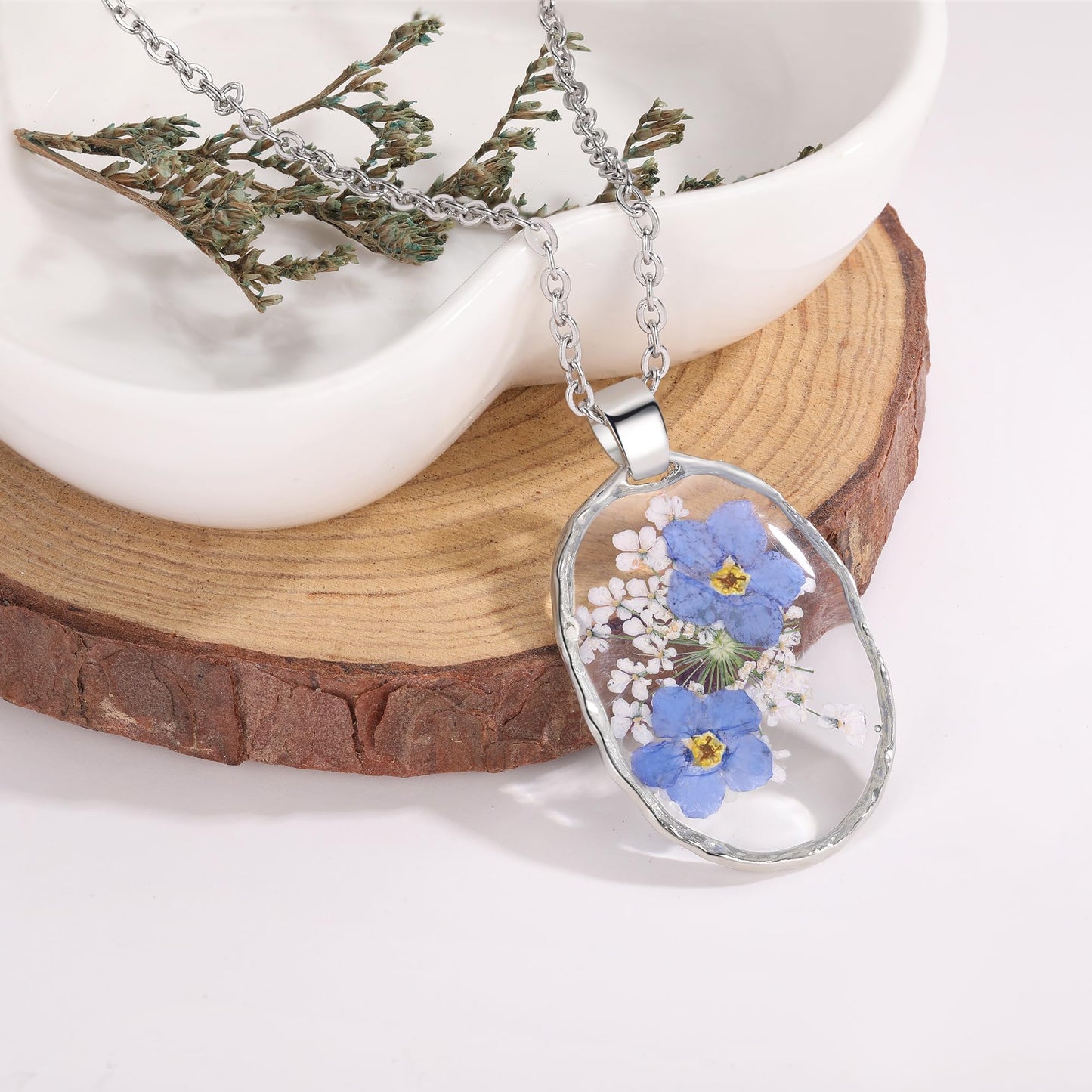 Forget-Me-Not and Queen Anne's Lace Pressed Wildflower Necklace | Gold Pressed Flower Necklace | Personalized Handmade Necklaces | Real Flower Necklace | Bridesmaid Jewelry | 18”