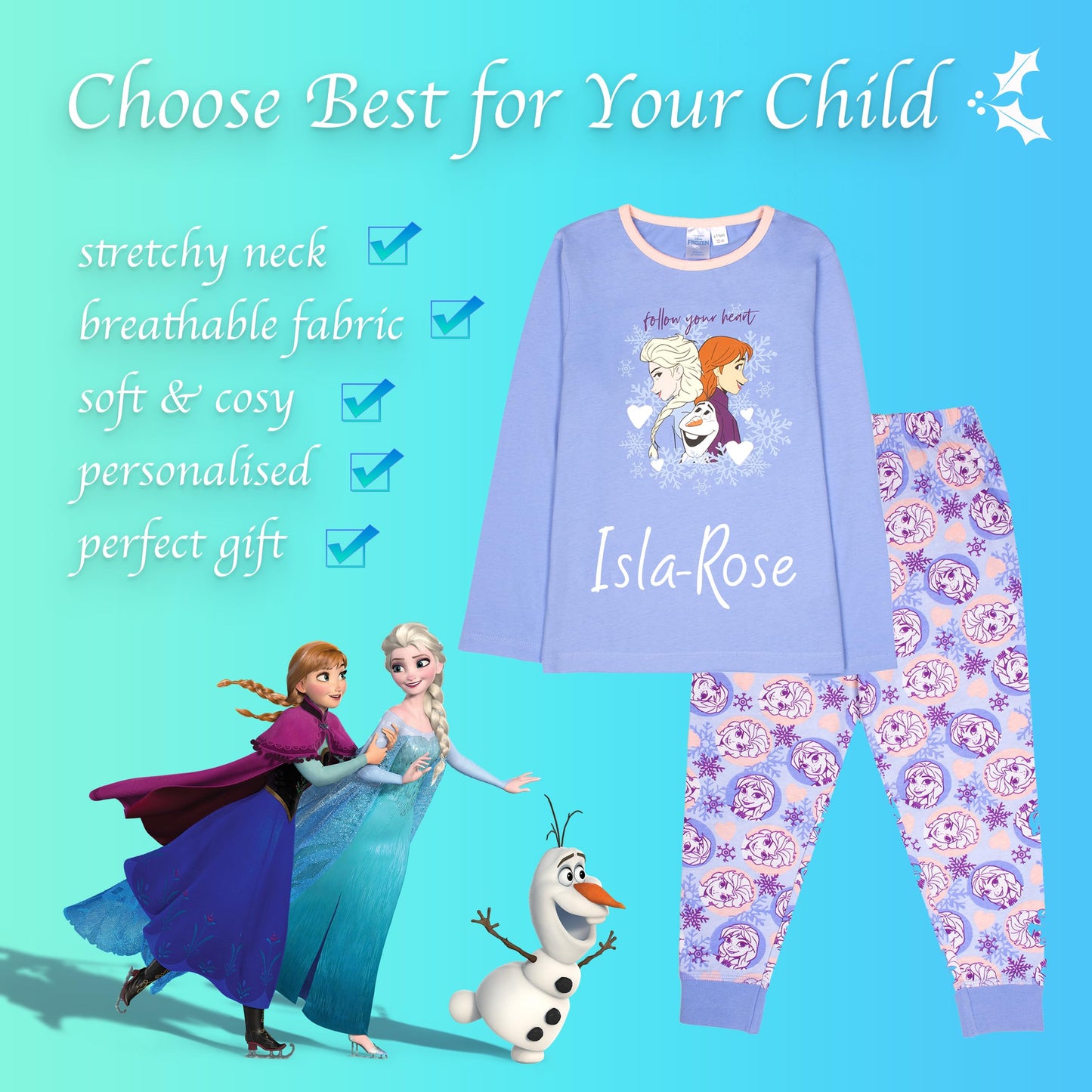 Disney - Personalised Frozen Long Sleeve Pyjama - 100% Cotton, Soft & Warm Winter PJs for Girls - Anna & Elsa Design - Great