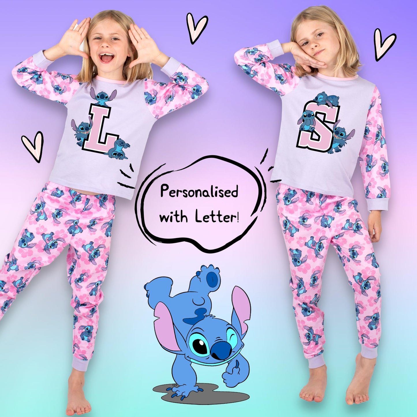 Disney Stitch Personalised Initial Pyjama for Kids 100% Cotton Long Sleeve Winter Pyjama Soft and Comfortable Gift for Girls PJ Set