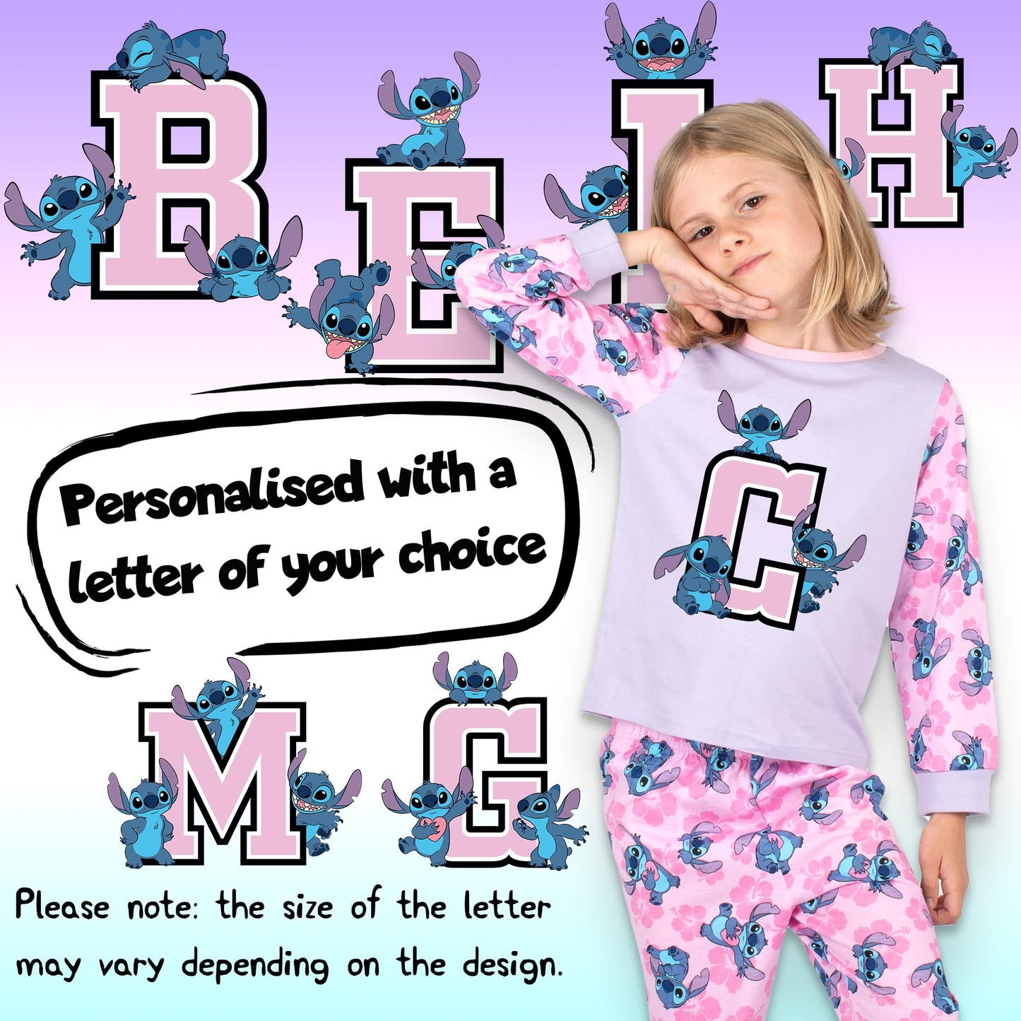 Disney Stitch Personalised Initial Pyjama for Kids 100% Cotton Long Sleeve Winter Pyjama Soft and Comfortable Gift for Girls PJ Set