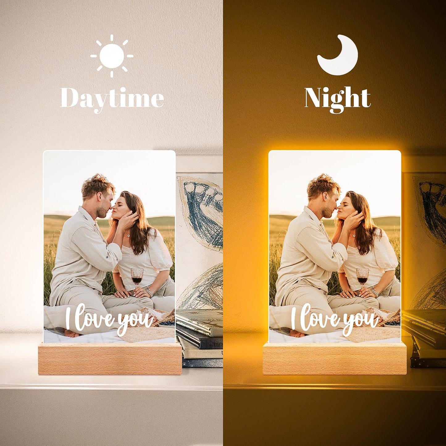 Personalised Anniversary Birthday Gifts for Women & Men, Custom Photo Frame with Night Light, Personalized Acrylic Plaque with Photos, Personalised Christmas Couples Gifts for Him & Her