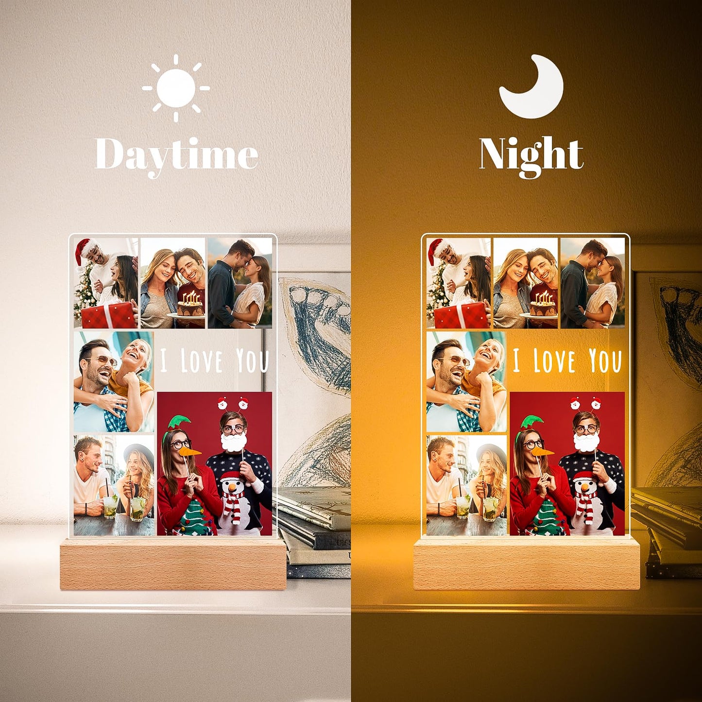 Personalised Anniversary Birthday Gifts for Women & Men, Custom Photo Frame with Night Light, Personalized Acrylic Plaque with Photos, Personalised Christmas Couples Gifts for Him & Her