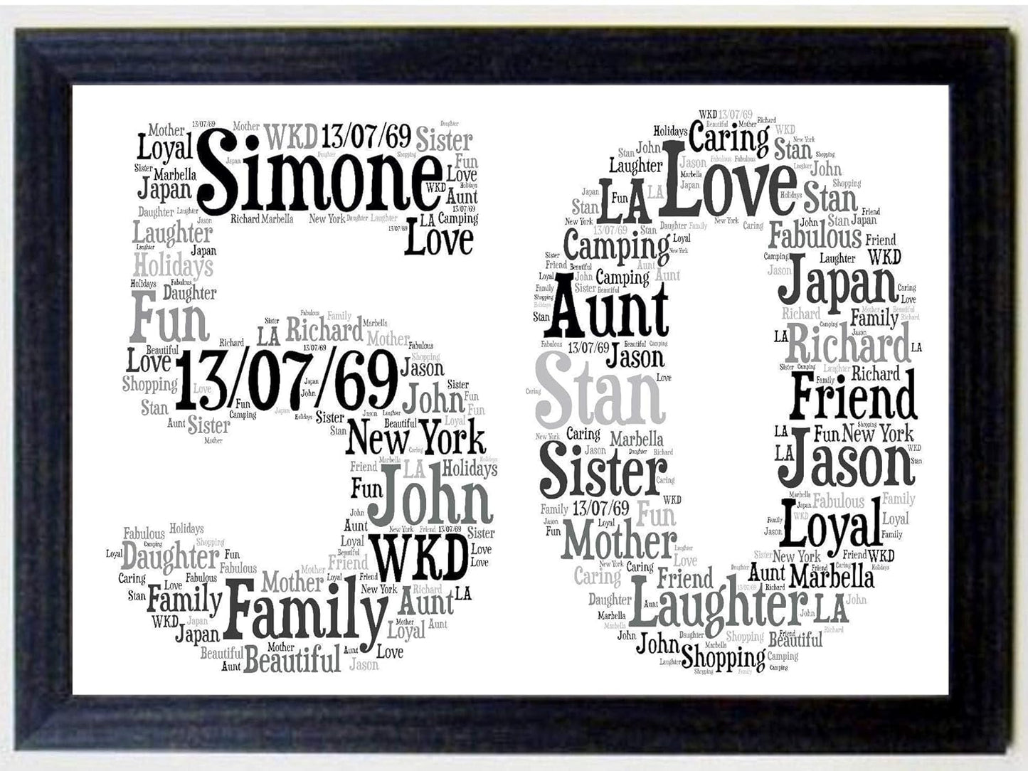 Personalised 16th, 21st, 30th, 40th, 50th, 60th, 70th, 80th Framed Birthday A4 Print Gift Keepsake, Any age - Sold as an A4 print on High Quality Card on its own or a choice of frames - Black & Greys