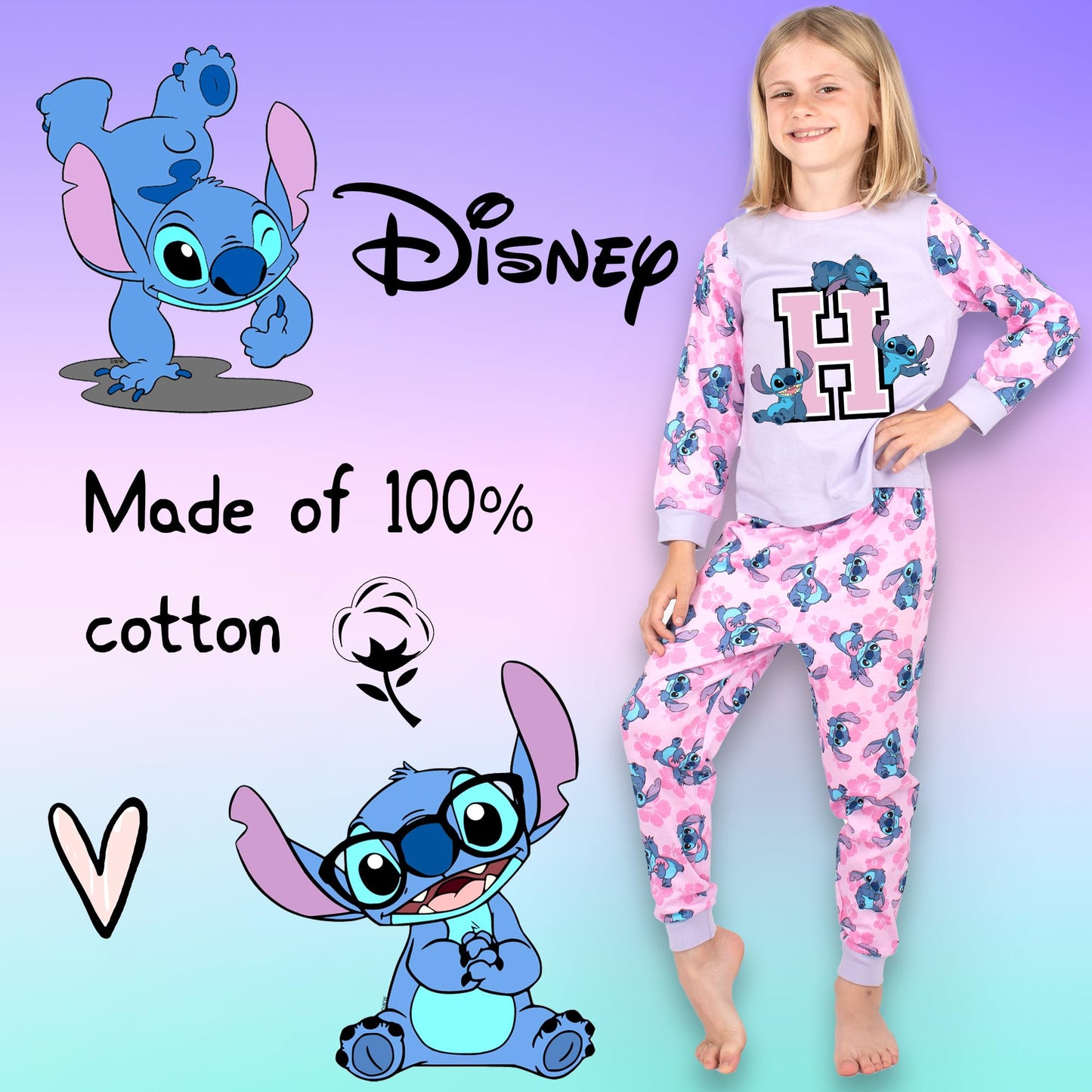 Disney Stitch Personalised Initial Pyjama for Kids 100% Cotton Long Sleeve Winter Pyjama Soft and Comfortable Gift for Girls PJ Set