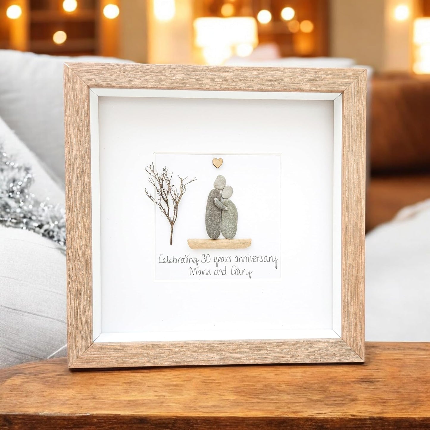 Wedding Anniversary Personalised Gift Couple Framed Pebble Art - Pearl, Golden, Ruby, Silver