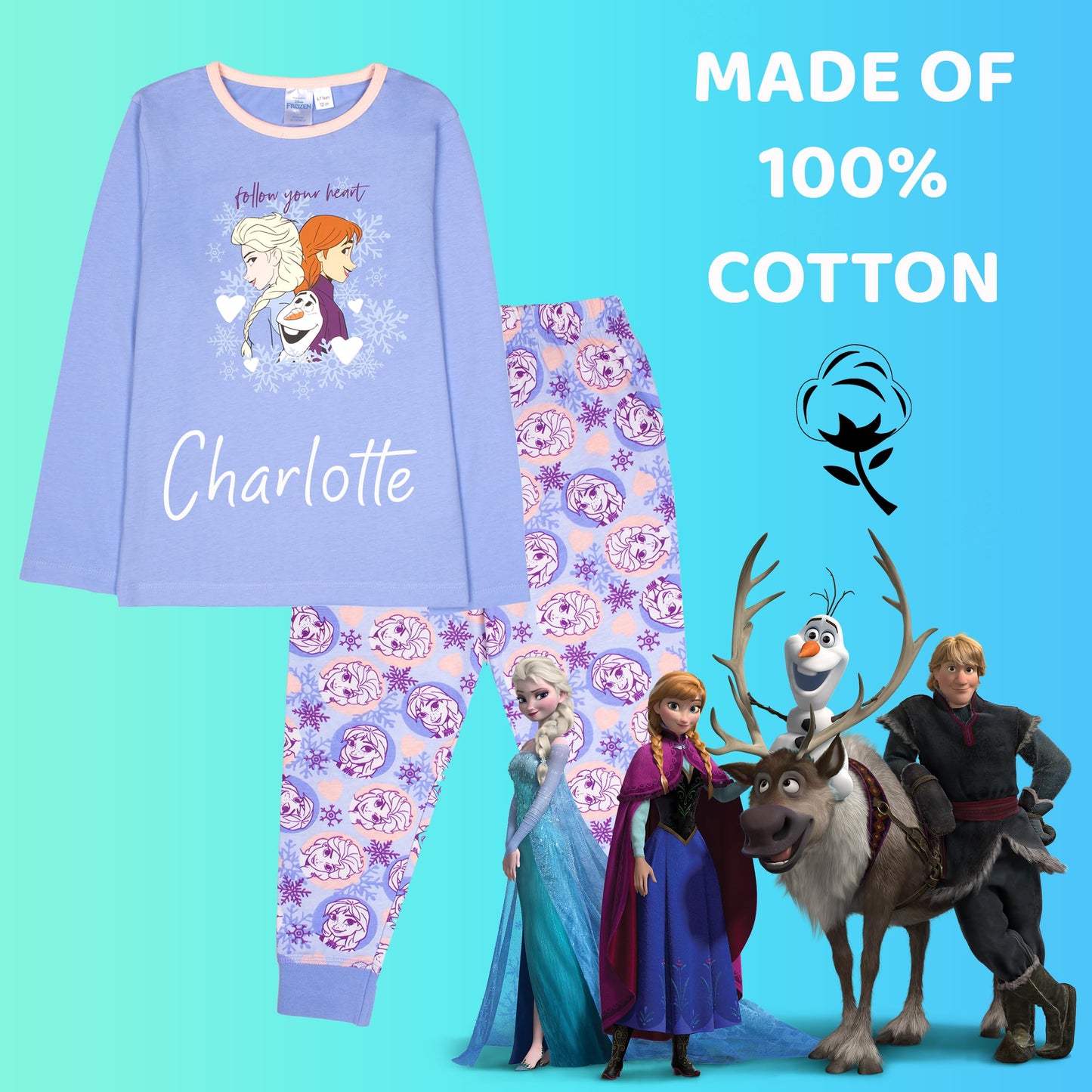 Disney - Personalised Frozen Long Sleeve Pyjama - 100% Cotton, Soft & Warm Winter PJs for Girls - Anna & Elsa Design - Great