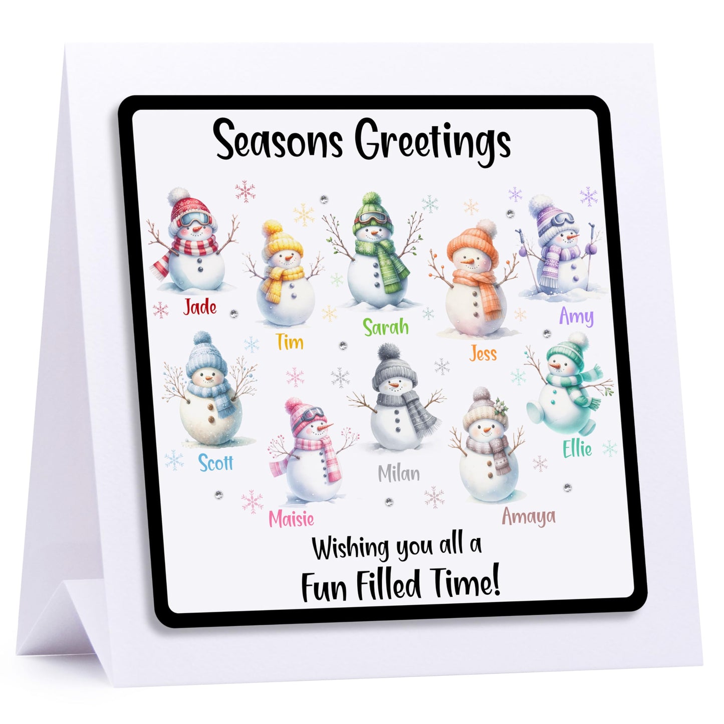 Personalised Christmas Card Family Christmas Card Snowmen - Embellished With Glittering Crystals From Swarovski Family or Couple 1-12 names