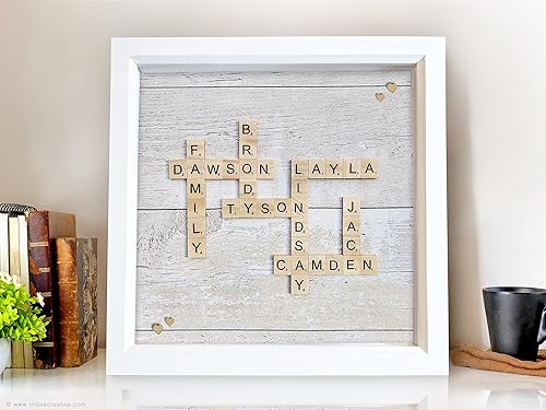 Personalise Name/Word Family Picture Frame, Wooden Alphabet Letter Tile. Handmade Gift Custom Crossword Wall Art, Wooden Glass Frame. ANY BACKGROUND