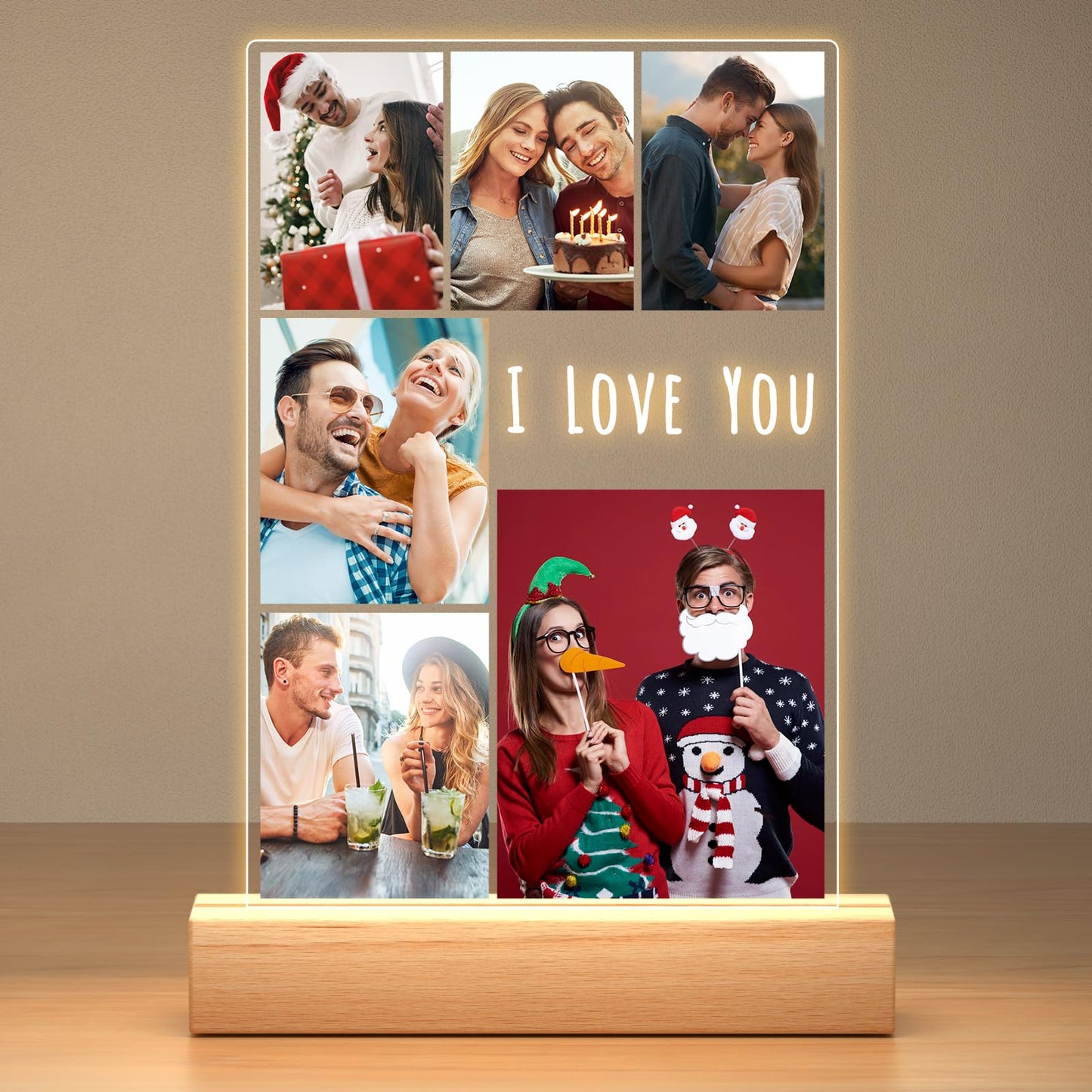 Personalised Anniversary Birthday Gifts for Women & Men, Custom Photo Frame with Night Light, Personalized Acrylic Plaque with Photos, Personalised Christmas Couples Gifts for Him & Her