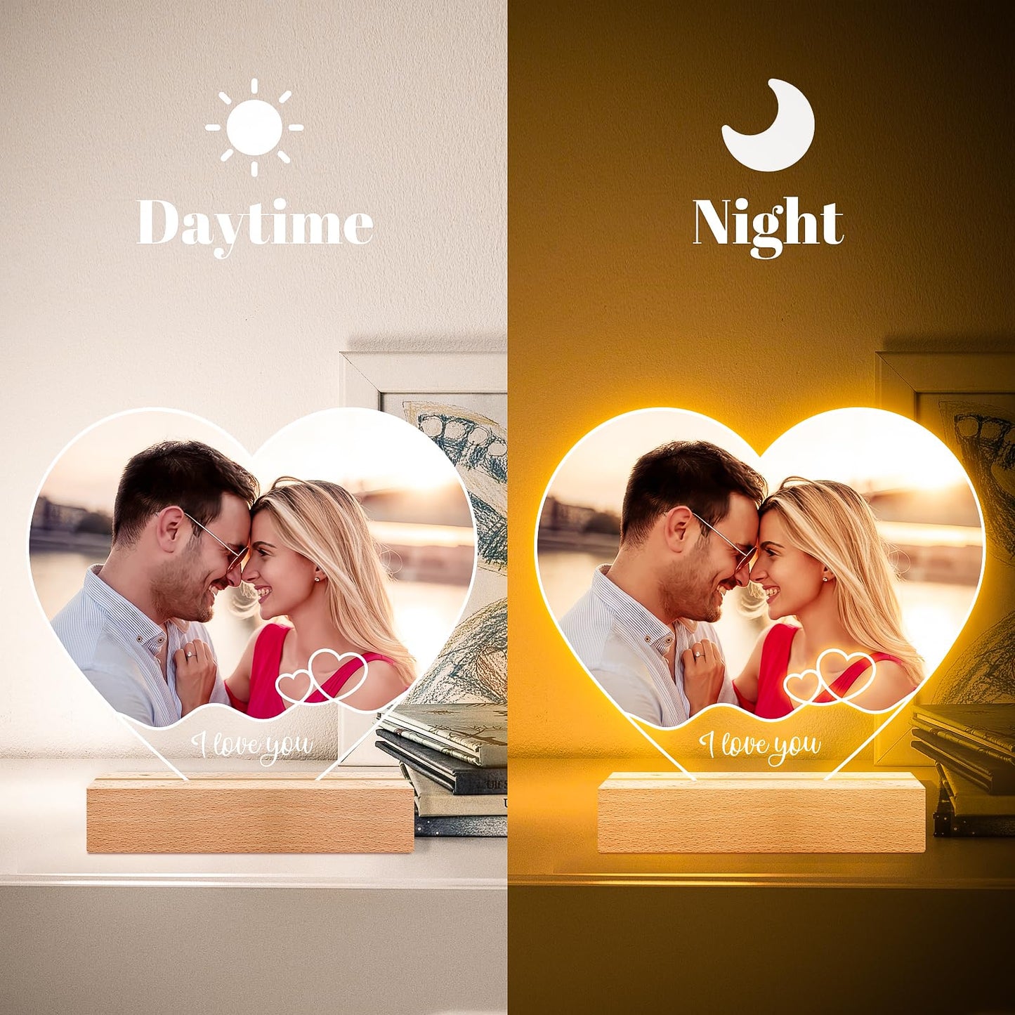 Personalised Anniversary Birthday Gifts for Women & Men, Custom Photo Frame with Night Light, Personalized Acrylic Plaque with Photos, Personalised Christmas Couples Gifts for Him & Her