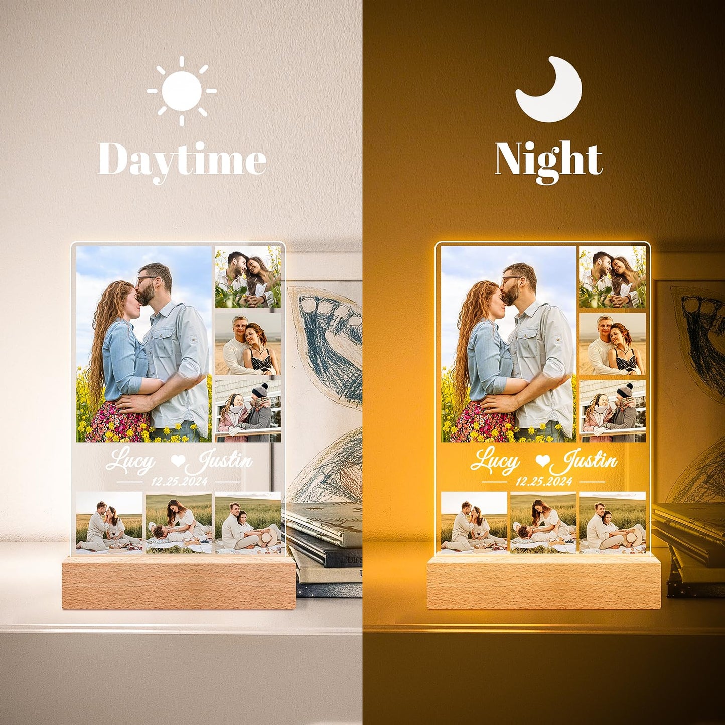 Personalised Anniversary Birthday Gifts for Women & Men, Custom Photo Frame with Night Light, Personalized Acrylic Plaque with Photos, Personalised Christmas Couples Gifts for Him & Her