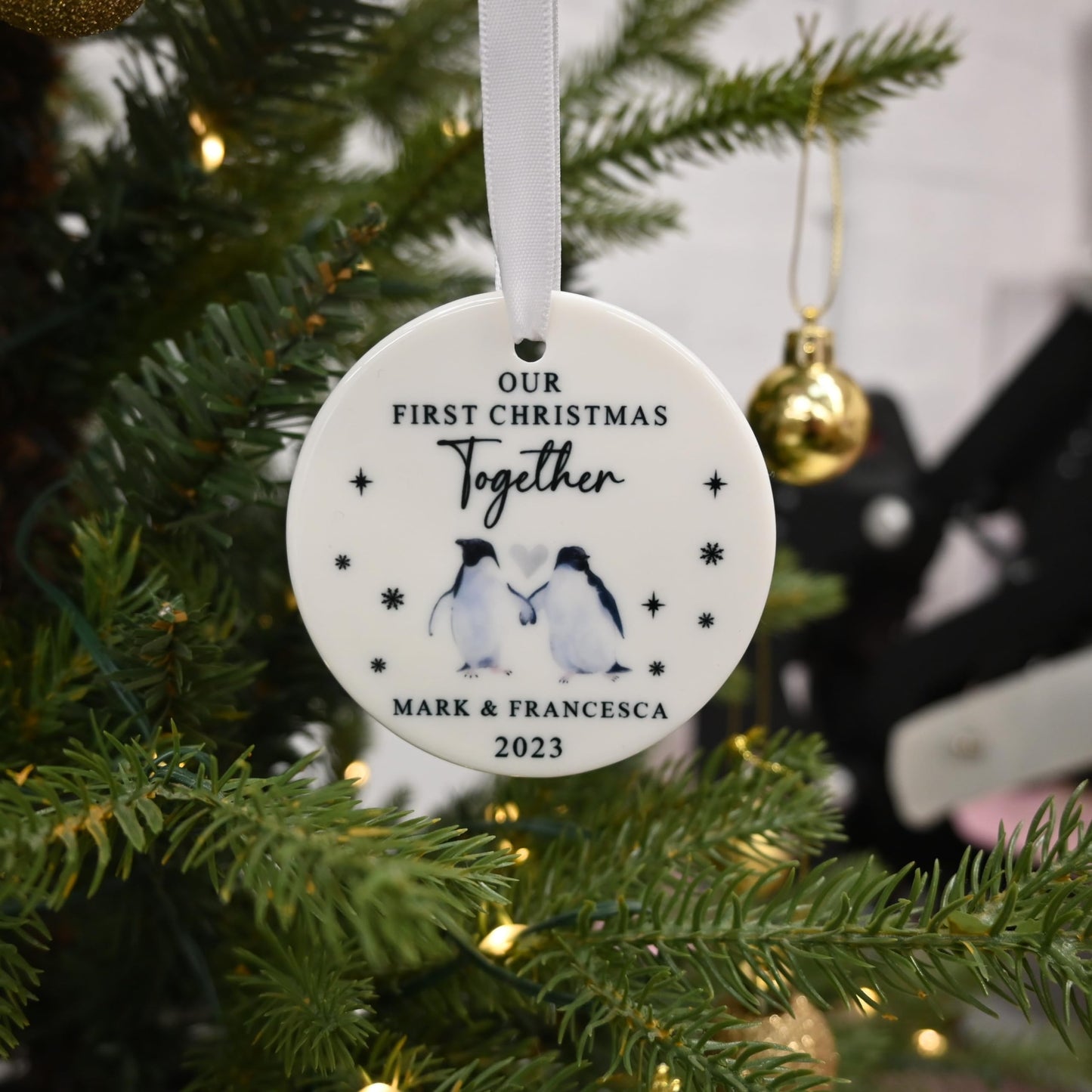 First Christmas Together Personalised Bauble with Penguins, Includes Gift Box - Custom 1st Xmas Tree Ornament - Keepsake Gift for New Couple, Girlfriend, Boyfriend, Him or Her (Heart)