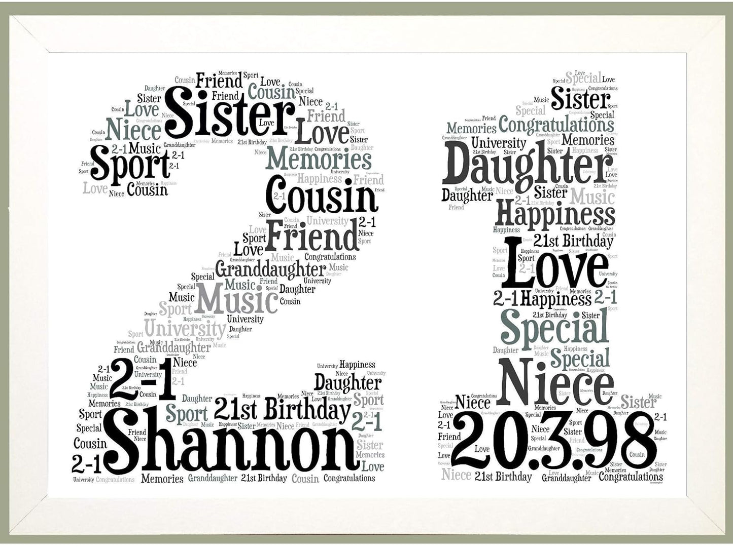 Personalised 16th, 21st, 30th, 40th, 50th, 60th, 70th, 80th Framed Birthday A4 Print Gift Keepsake, Any age - Sold as an A4 print on High Quality Card on its own or a choice of frames - Black & Greys