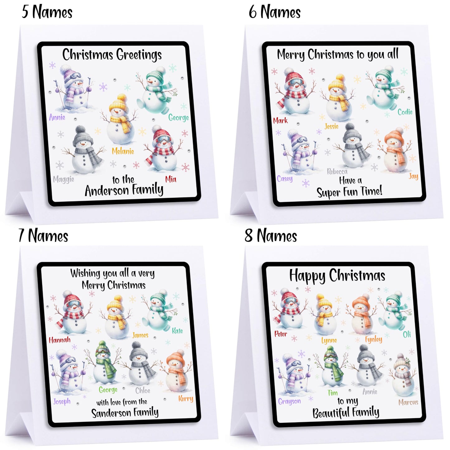 Personalised Christmas Card Family Christmas Card Snowmen - Embellished With Glittering Crystals From Swarovski Family or Couple 1-12 names