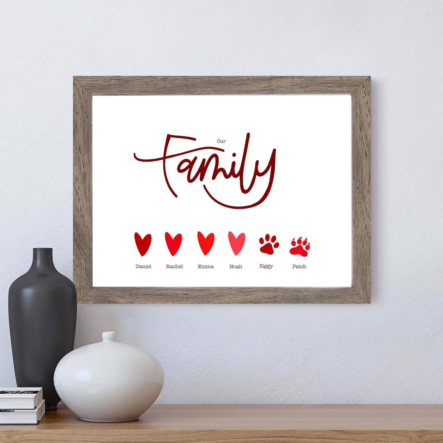 Personalised Family Portrait Custom Wall Art Print | Dog Cat Rabbit Bird Tortoise Horse Duck Ferret Snake Bearded Dragon Print | A3 A4 A5 Wood Effect Frames Avaliable