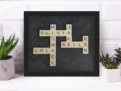 Personalise Name/Word Family Picture Frame, Wooden Alphabet Letter Tile. Handmade Gift Custom Crossword Wall Art, Wooden Glass Frame. ANY BACKGROUND