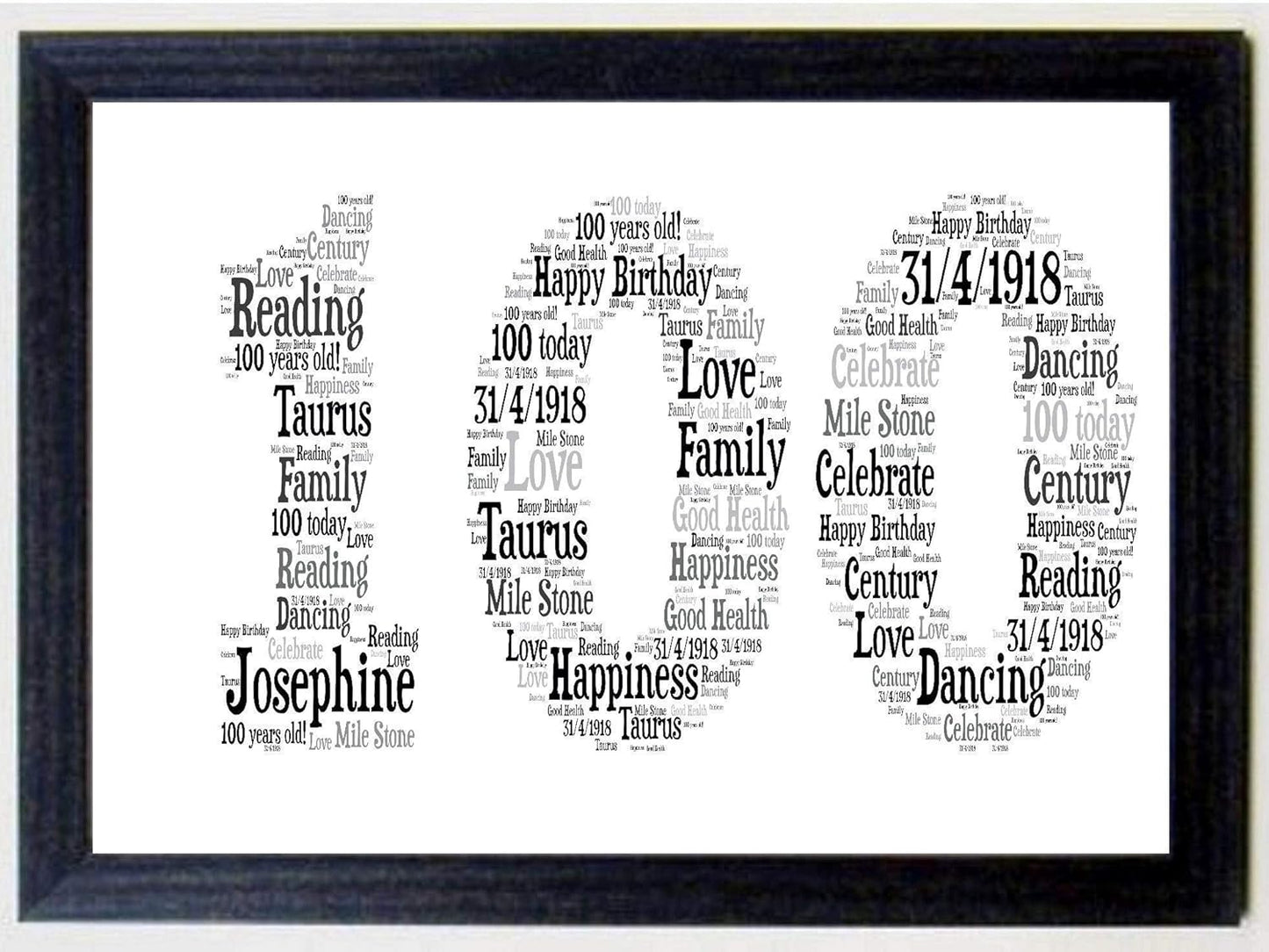 Personalised 16th, 21st, 30th, 40th, 50th, 60th, 70th, 80th Framed Birthday A4 Print Gift Keepsake, Any age - Sold as an A4 print on High Quality Card on its own or a choice of frames - Black & Greys