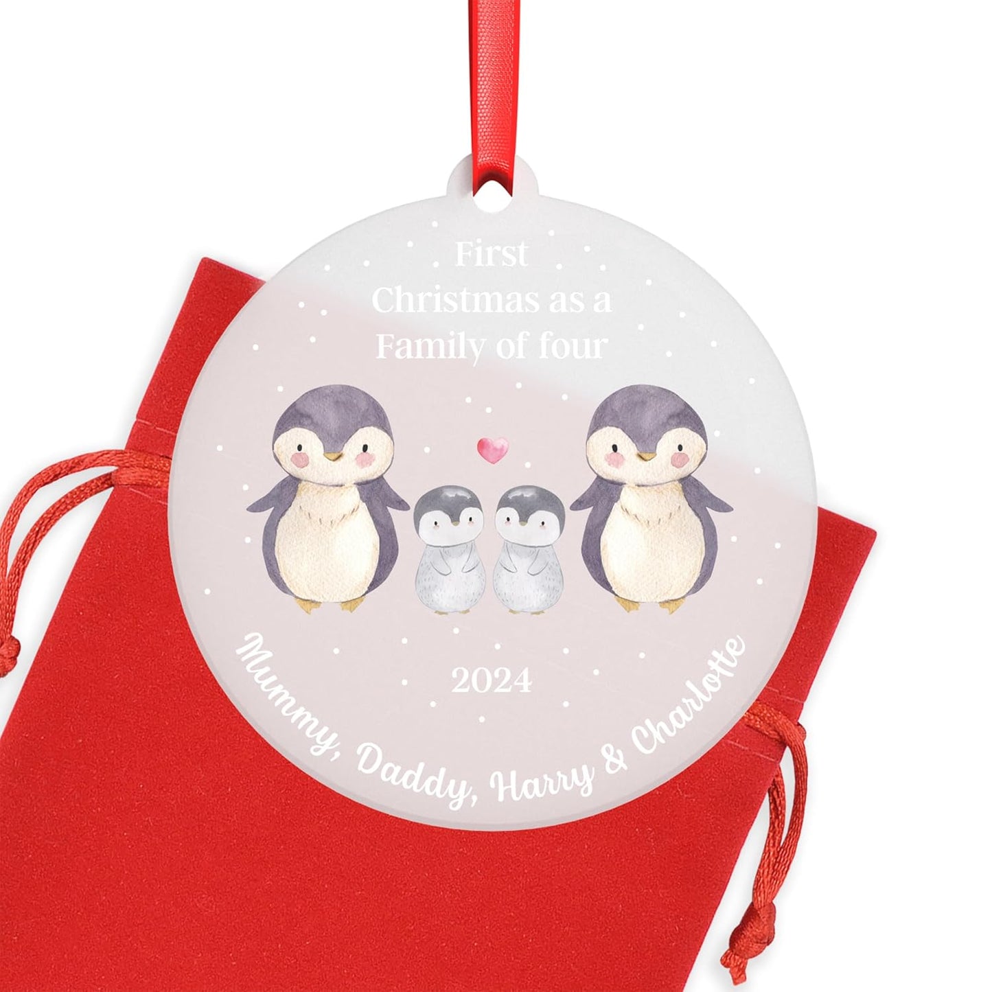 Beecreative Personalised First Christmas As A Family Of 4 Bauble, Family Of Four Xmas Decoration, Baby's First Christmas, New Baby Tree Decoration, With Red Bag