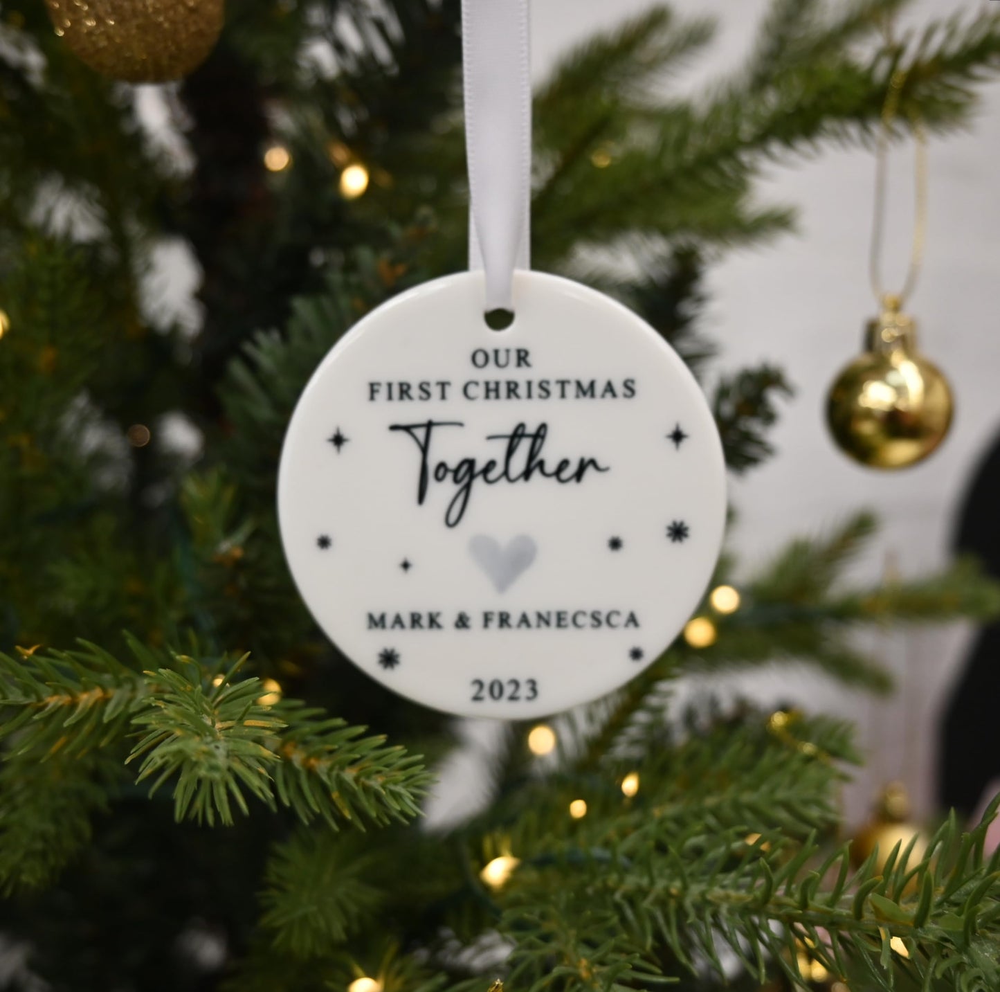 First Christmas Together Personalised Bauble with Penguins, Includes Gift Box - Custom 1st Xmas Tree Ornament - Keepsake Gift for New Couple, Girlfriend, Boyfriend, Him or Her (Heart)