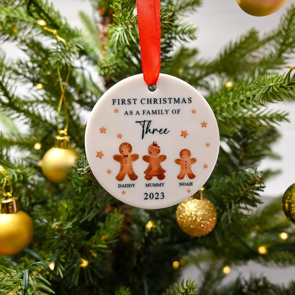 Personalised First Christmas as a Family of Three Ceramic Bauble with Gift Box - Custom Family Of 3 Xmas Ornament, New Baby Gift, New Parents Keepsake, Baby's 1st Christmas Tree Decoration 2024