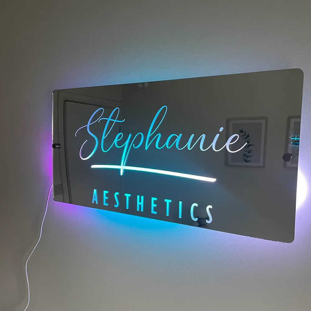 Personalised Salon Mirror Sign | Light-Up Business Sign | Hairdresser Nails Decor