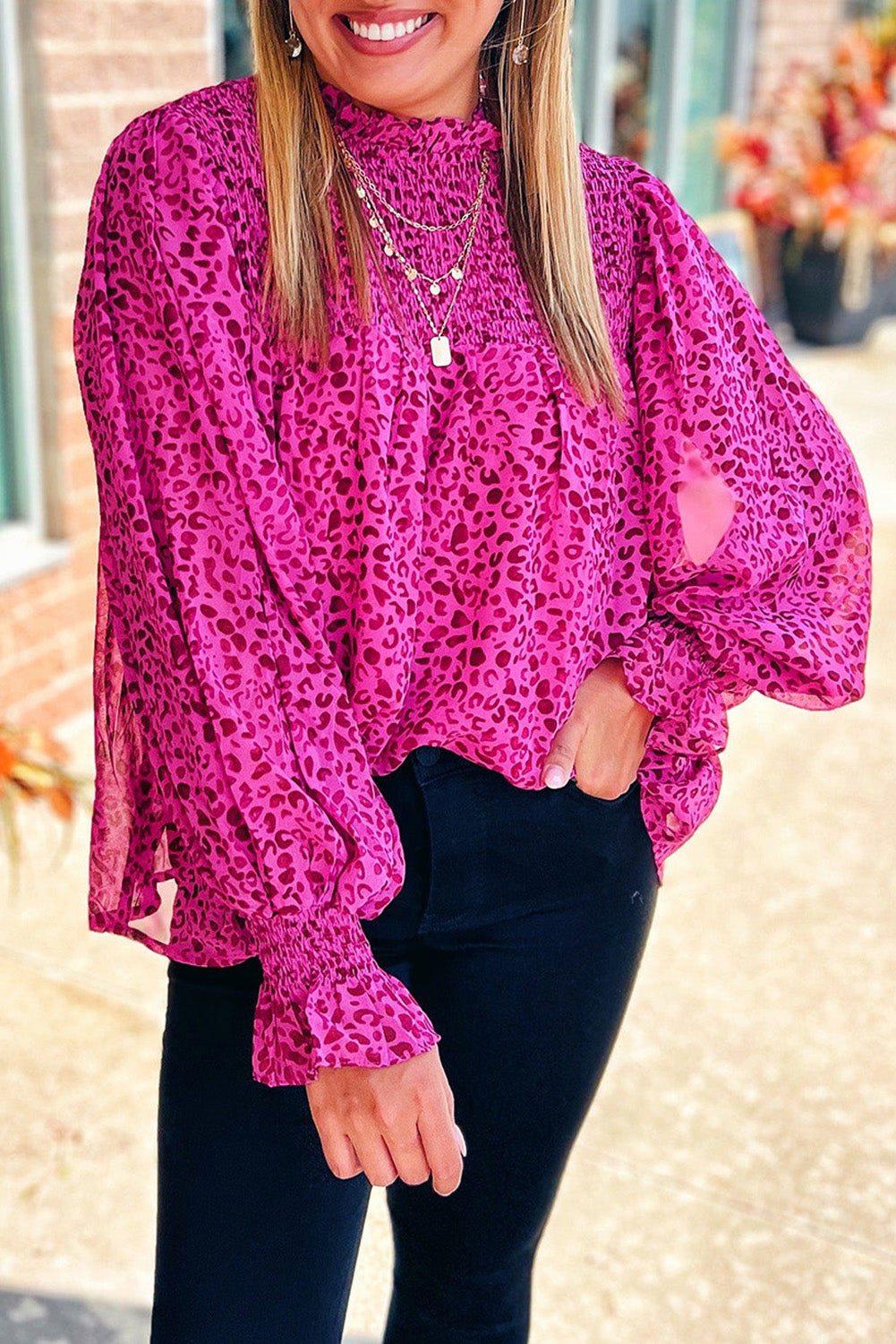 Rose Leopard Shirred Puff Sleeve Flowy Blouse