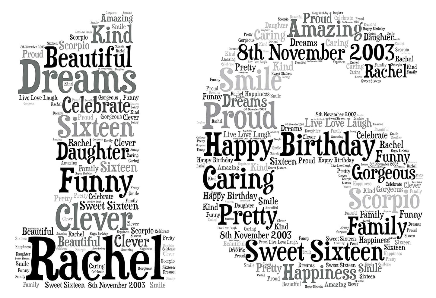 Personalised 16th, 21st, 30th, 40th, 50th, 60th, 70th, 80th Framed Birthday A4 Print Gift Keepsake, Any age - Sold as an A4 print on High Quality Card on its own or a choice of frames - Black & Greys