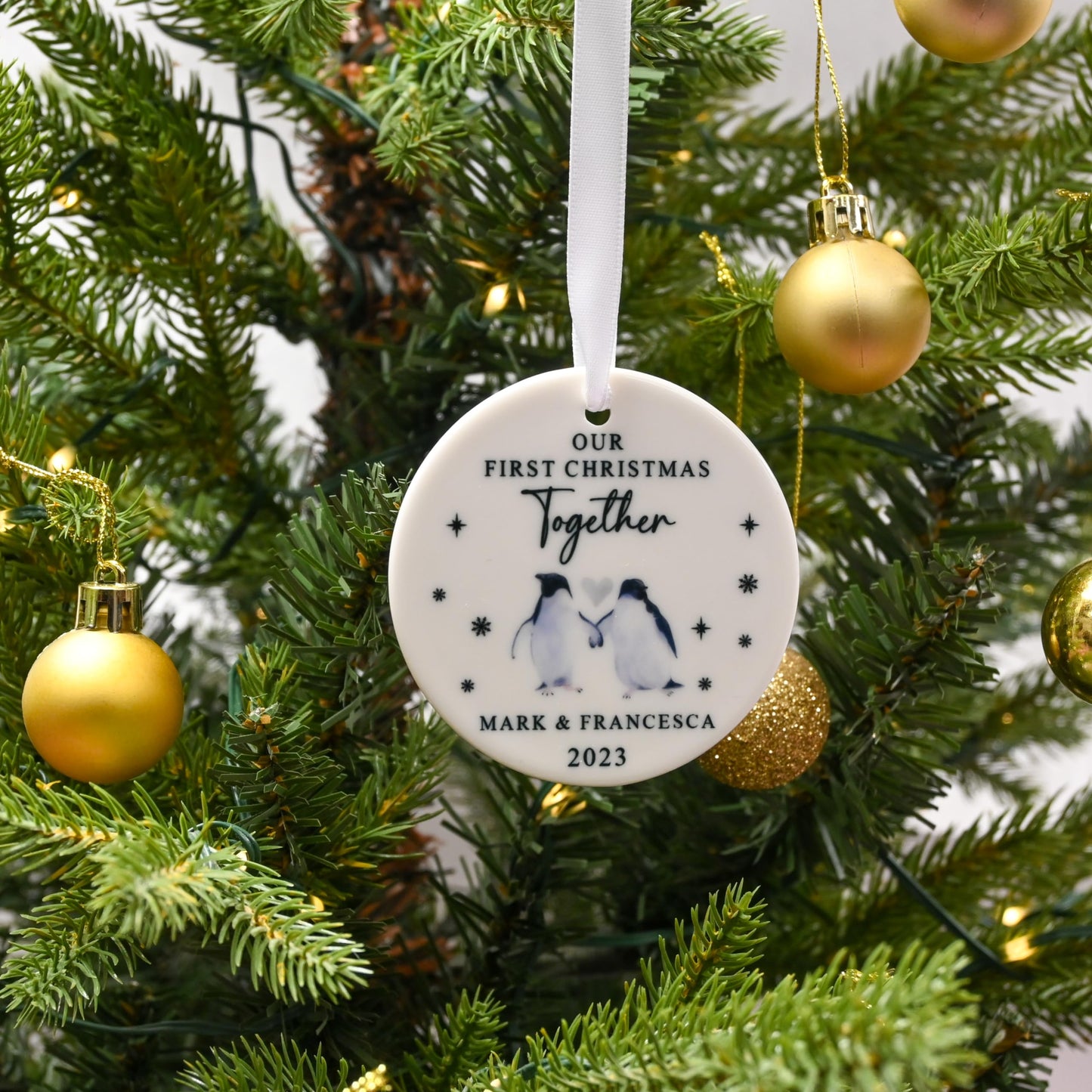 First Christmas Together Personalised Bauble with Penguins, Includes Gift Box - Custom 1st Xmas Tree Ornament - Keepsake Gift for New Couple, Girlfriend, Boyfriend, Him or Her (Heart)