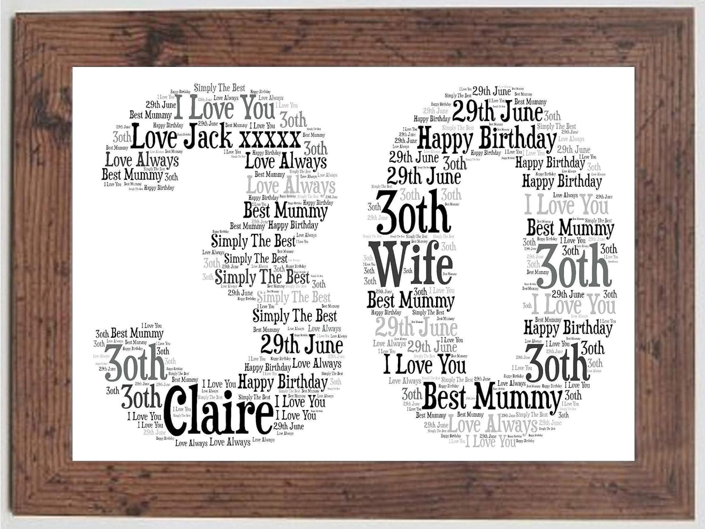 Personalised 16th, 21st, 30th, 40th, 50th, 60th, 70th, 80th Framed Birthday A4 Print Gift Keepsake, Any age - Sold as an A4 print on High Quality Card on its own or a choice of frames - Black & Greys