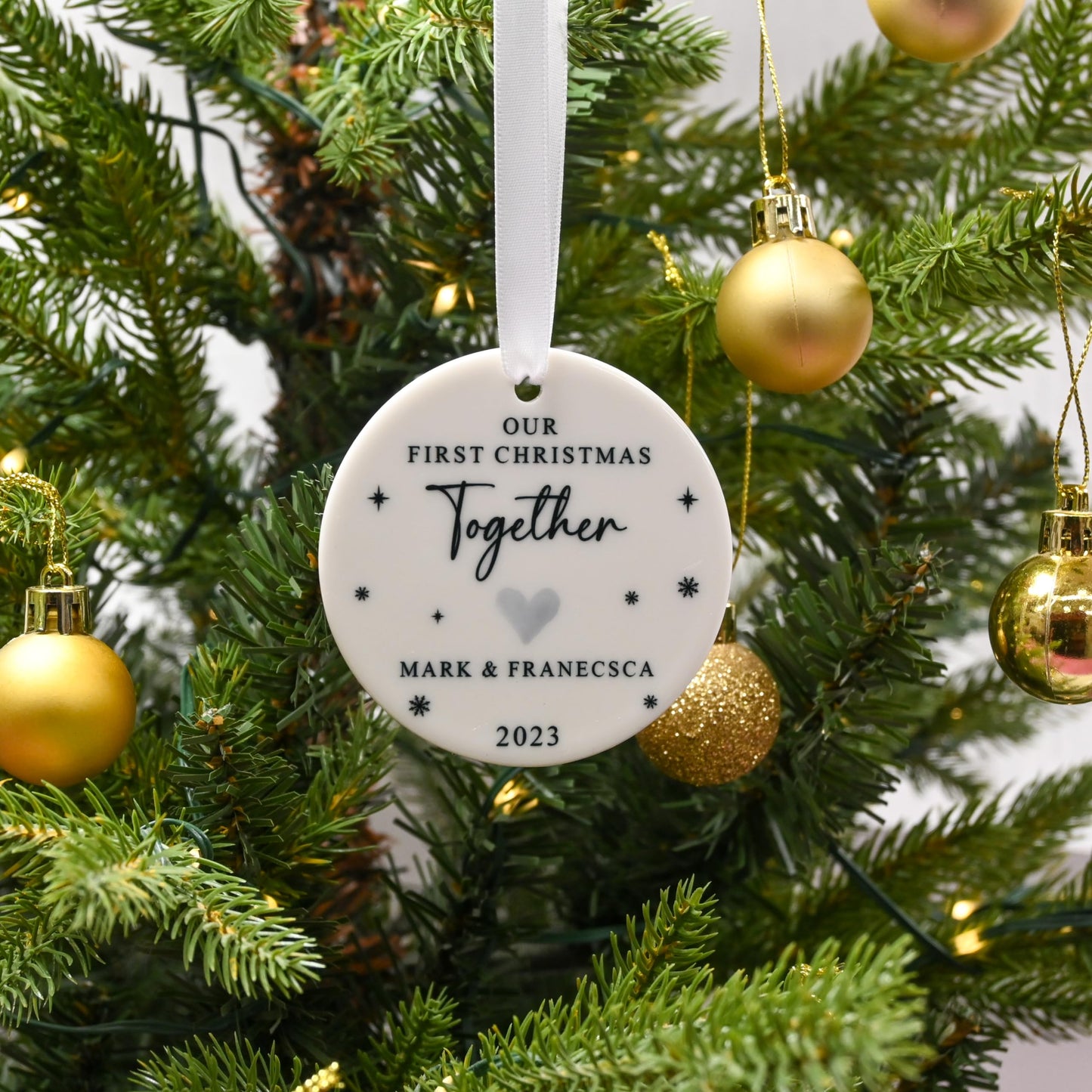 First Christmas Together Personalised Bauble with Penguins, Includes Gift Box - Custom 1st Xmas Tree Ornament - Keepsake Gift for New Couple, Girlfriend, Boyfriend, Him or Her (Heart)