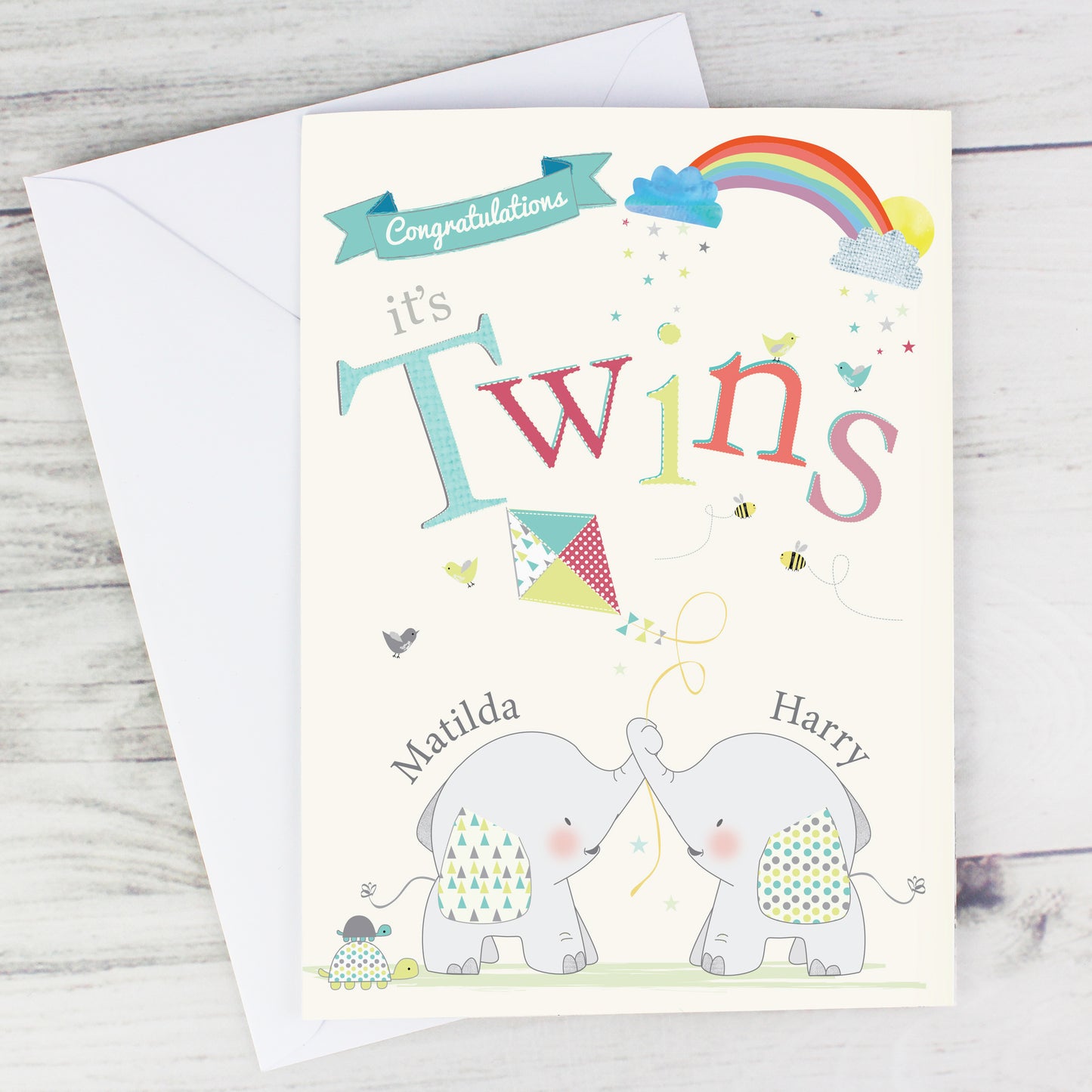 Personalised Hessian Elephant Twins Card