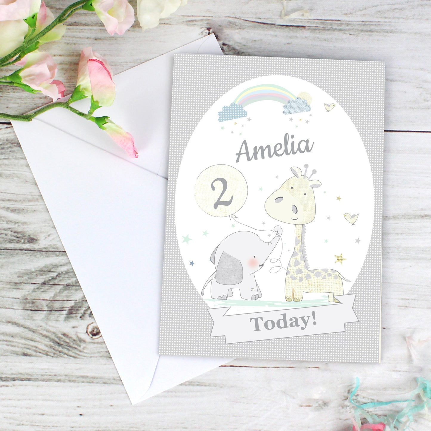 Personalised Hessian Giraffe & Elephant Card