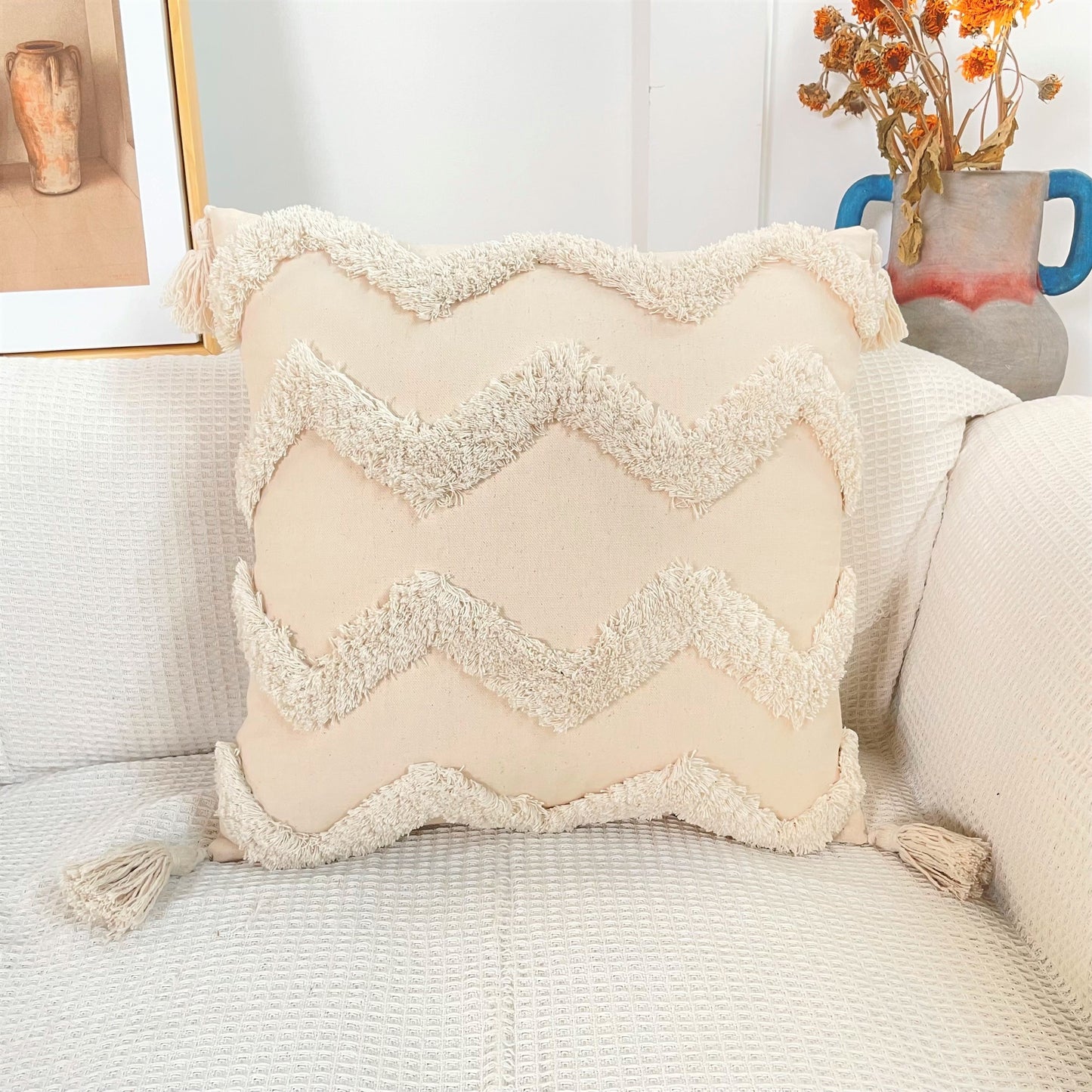 Pure Cotton Custom Boho Tassel Style Tufted Cushion Covers Home Decoration 45x45cm (18 x 18 Inches)-5