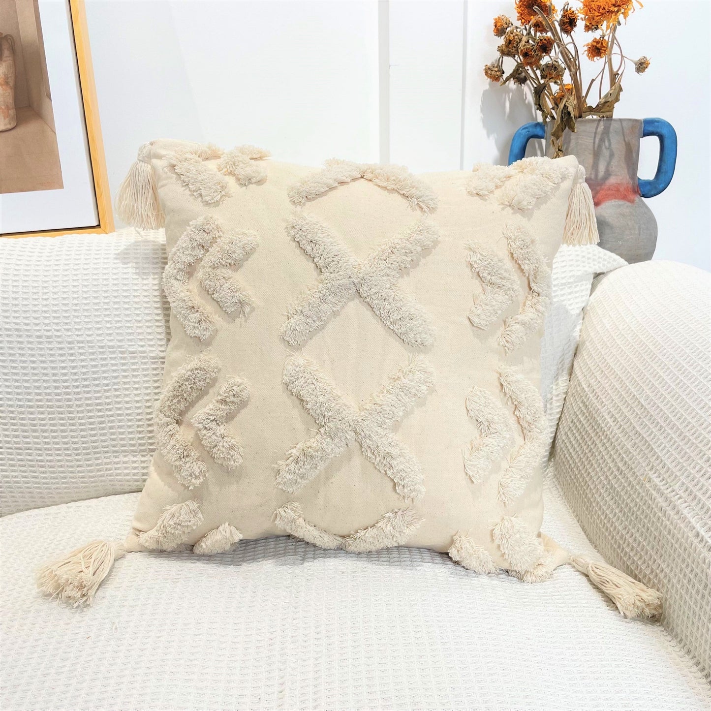 Pure Cotton Custom Boho Tassel Style Tufted Cushion Covers Home Decoration 45x45cm (18 x 18 Inches)-8