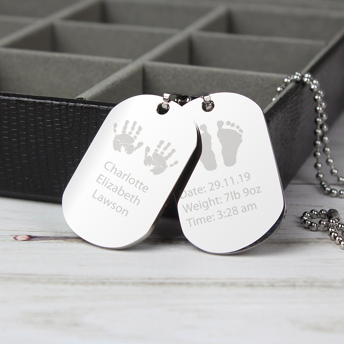 Personalised Hands and Feet New Baby Stainless Steel Double Dog Tag Necklace