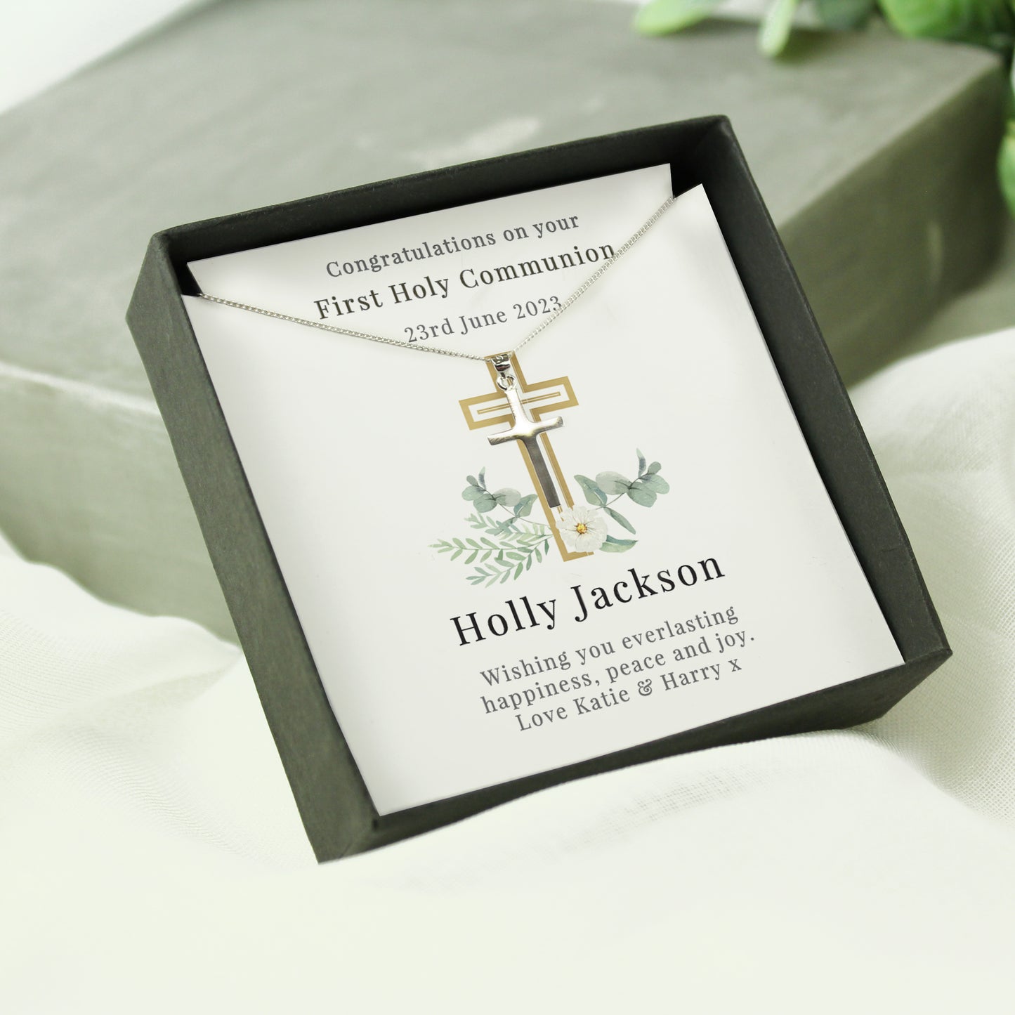 Personalised Floral Religious Sentiment Cross Necklace and Box