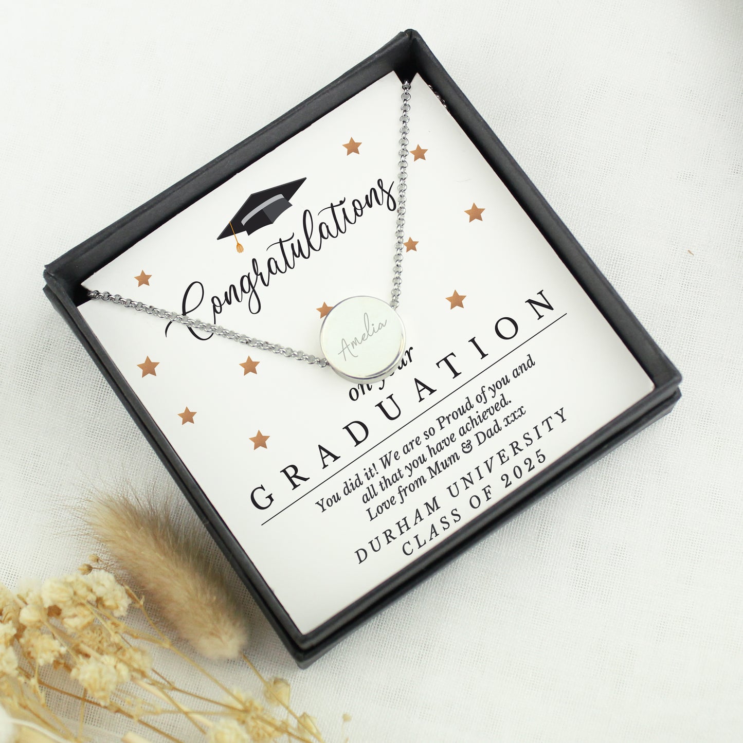 Personalised Graduation Sentiment Silver Tone Necklace and Box