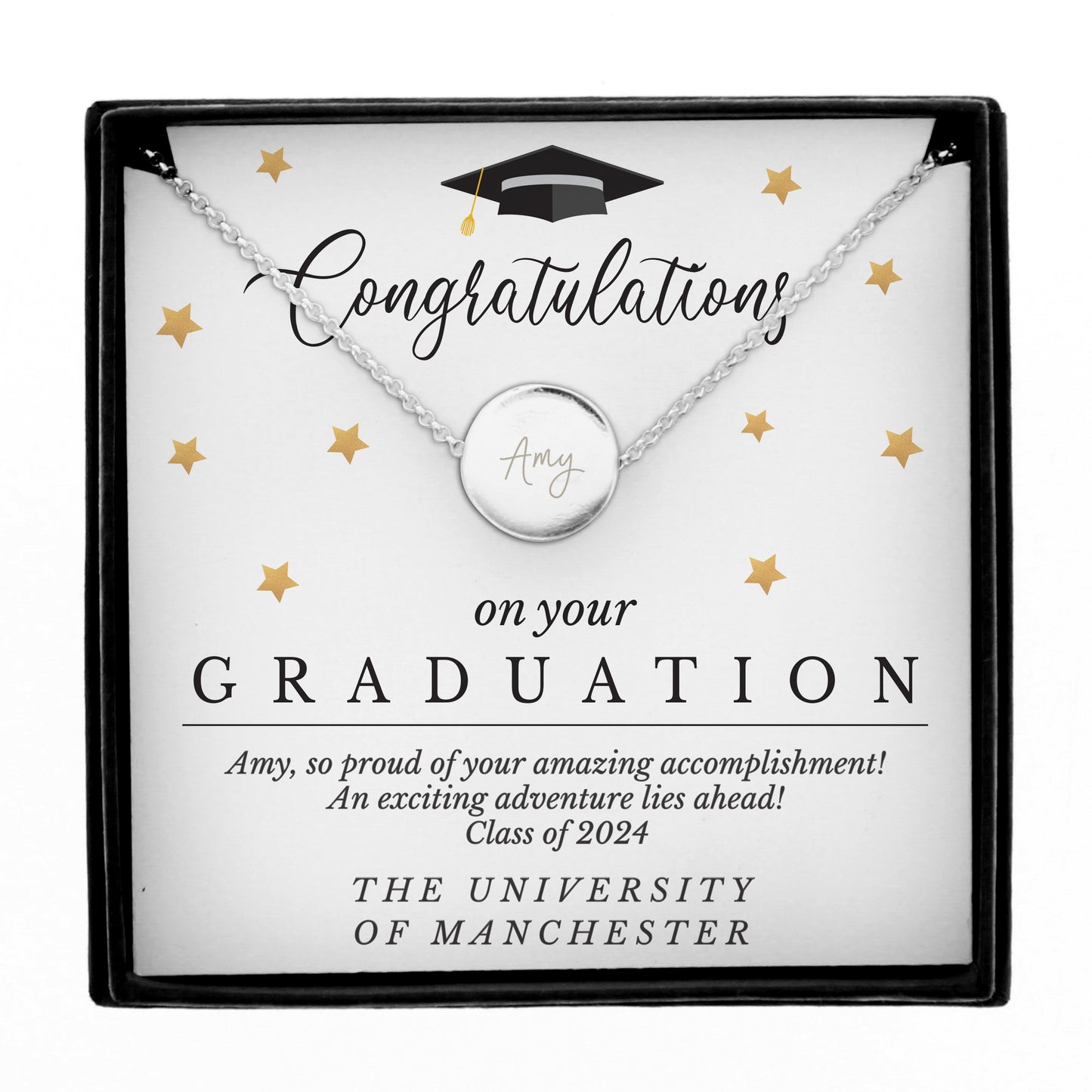 Personalised Graduation Sentiment Silver Tone Necklace and Box