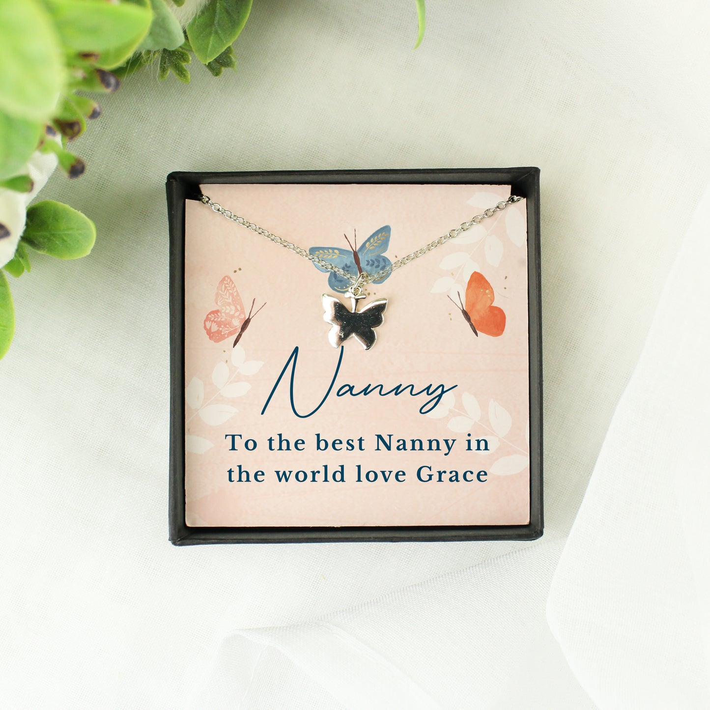 Personalised Hotchpotch Butterfly Sentiment Necklace and Box