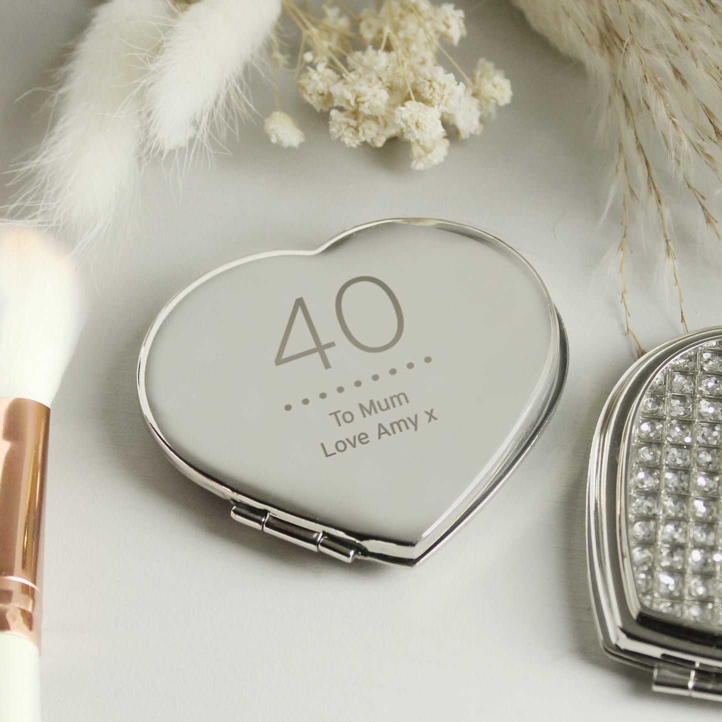 Personalised Birthday Big Age Diamante Heart Compact Mirror