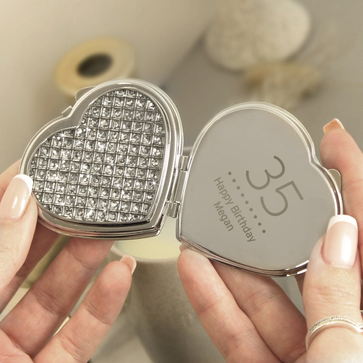 Personalised Birthday Big Age Diamante Heart Compact Mirror