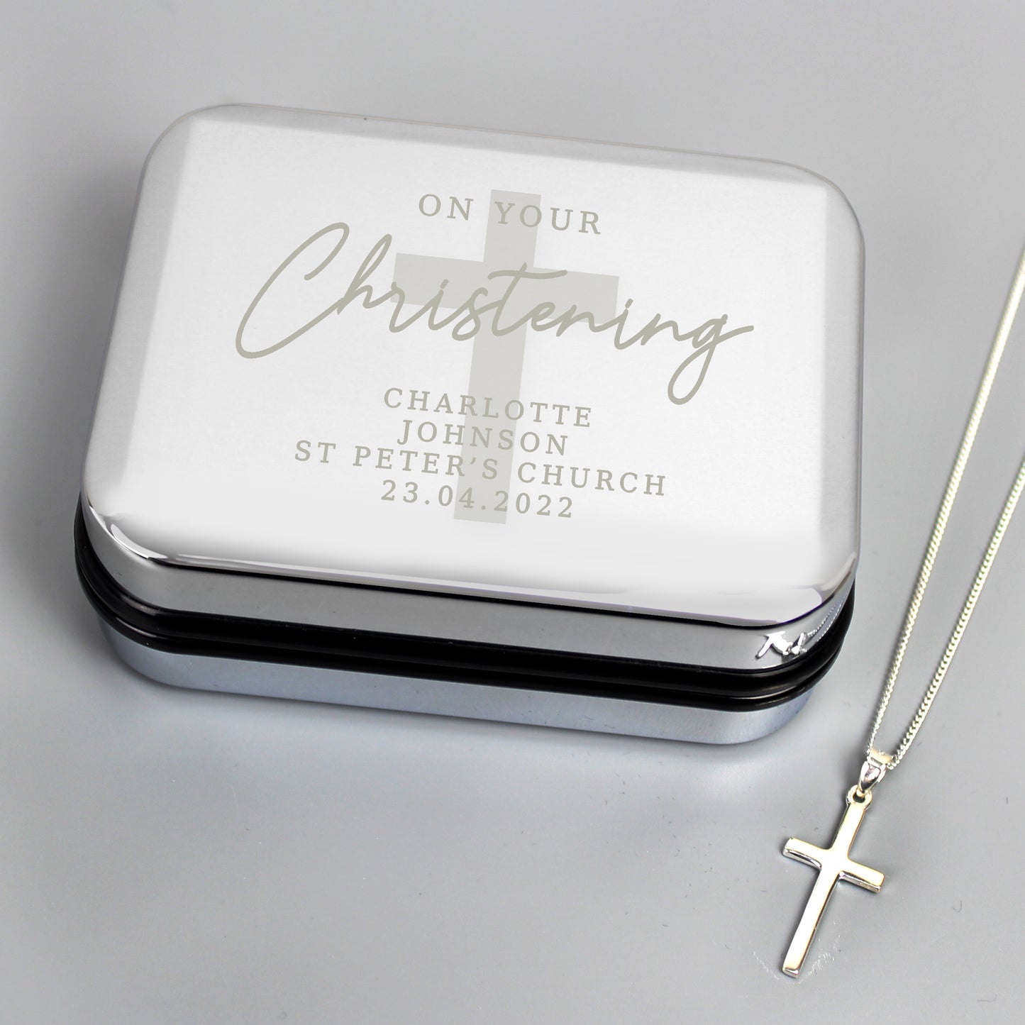 Personalised Christening Trinket Box & Sterling Silver Cross Necklace Set