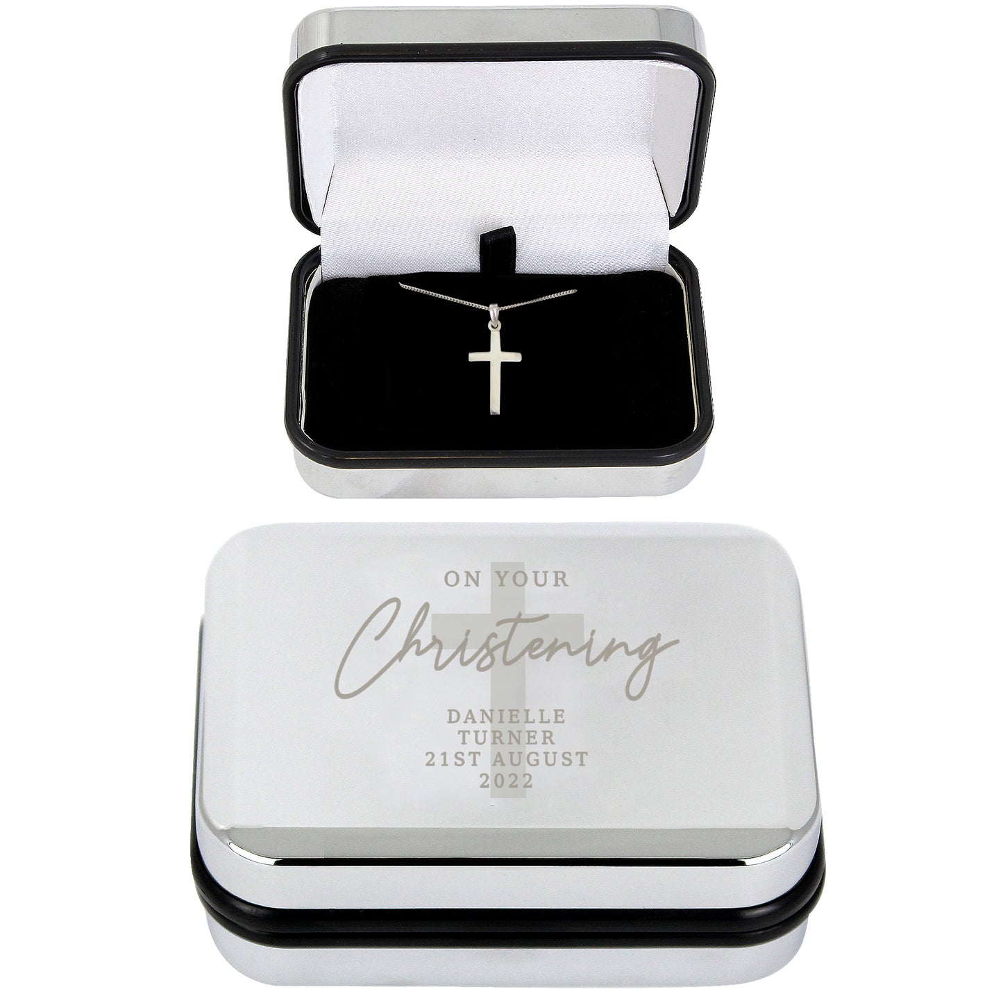 Personalised Christening Trinket Box & Sterling Silver Cross Necklace Set