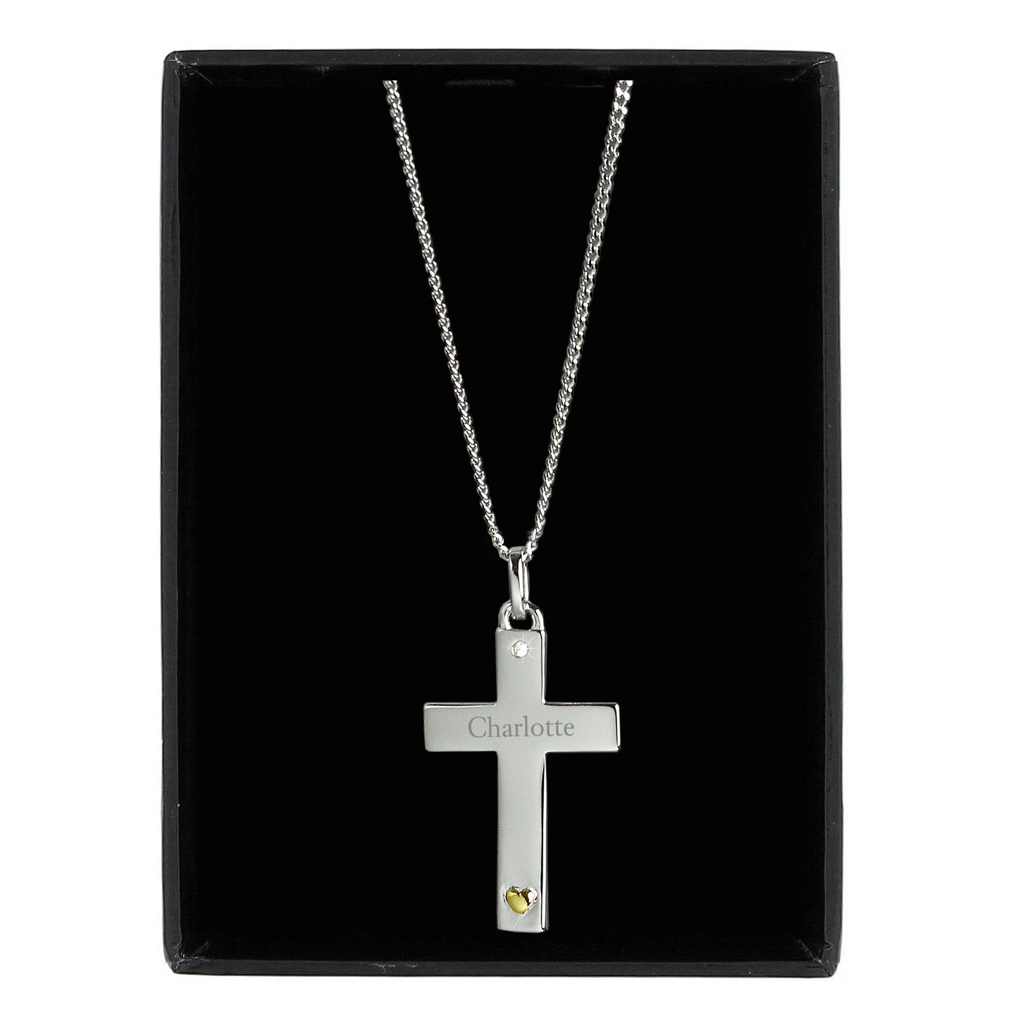 Personalised Sterling Silver Cross with 9ct Gold Heart & CZ Necklace