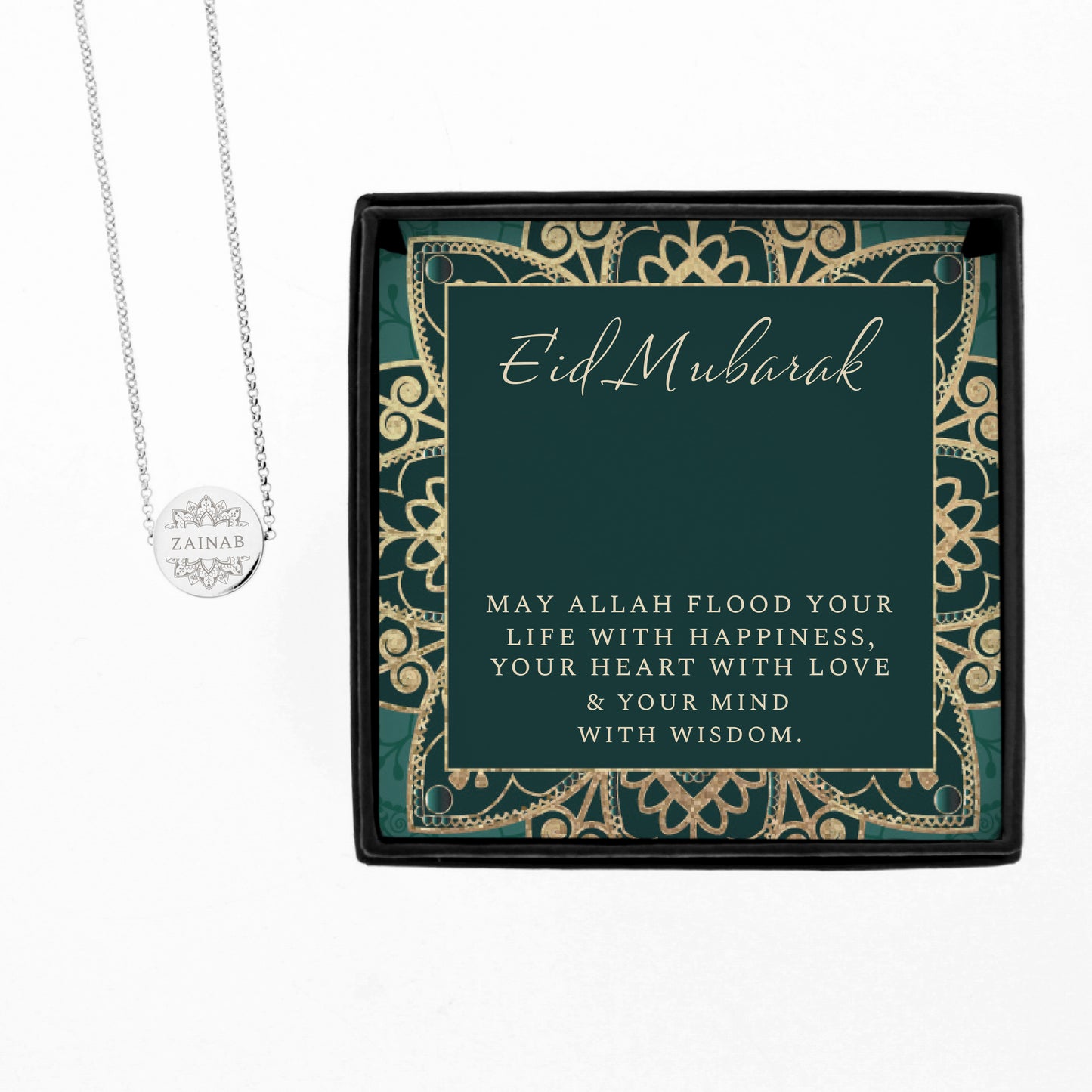 Personalised Sentiment Eid and Ramadan Disc Necklace and Box